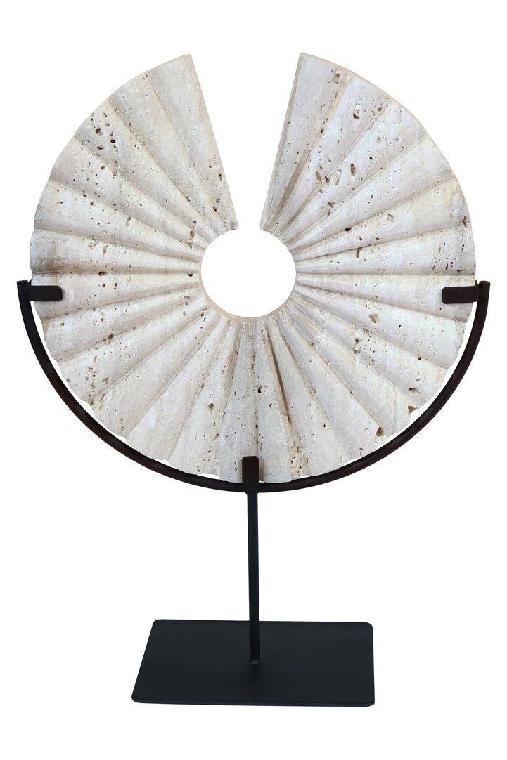 Amo Travertine Disc Sculpture with Black Metal Base