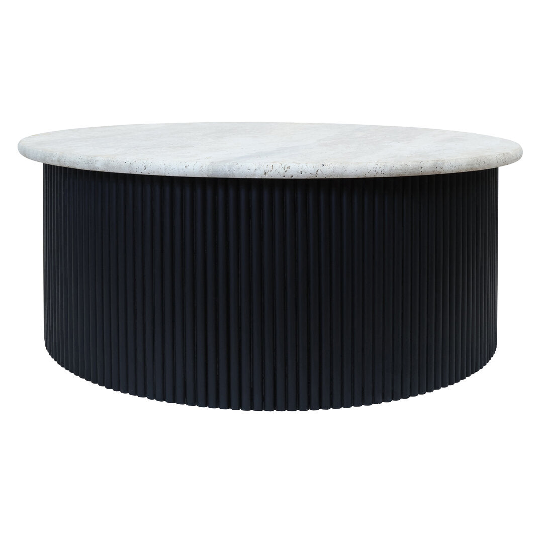 Trinidad Travertine Top Coffee Table with Black Acacia Wood Base