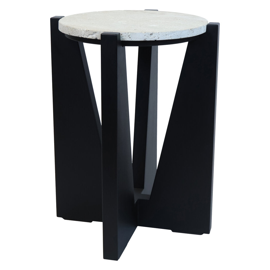 Cruz Travertine Top Side Table With Black Acacia Wood Frame