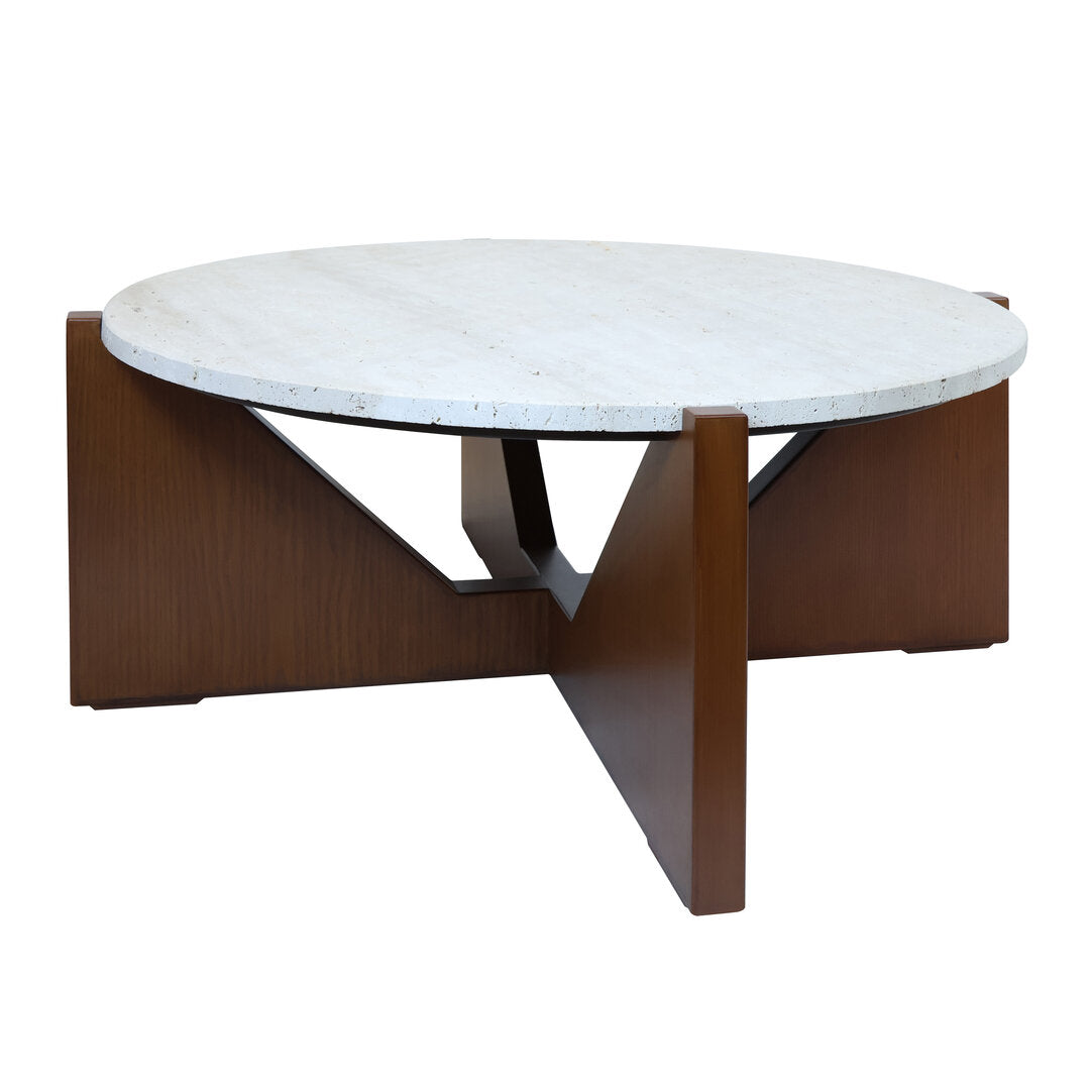 Cruz Travertine Top Coffee Table With Acacia Wood Frame