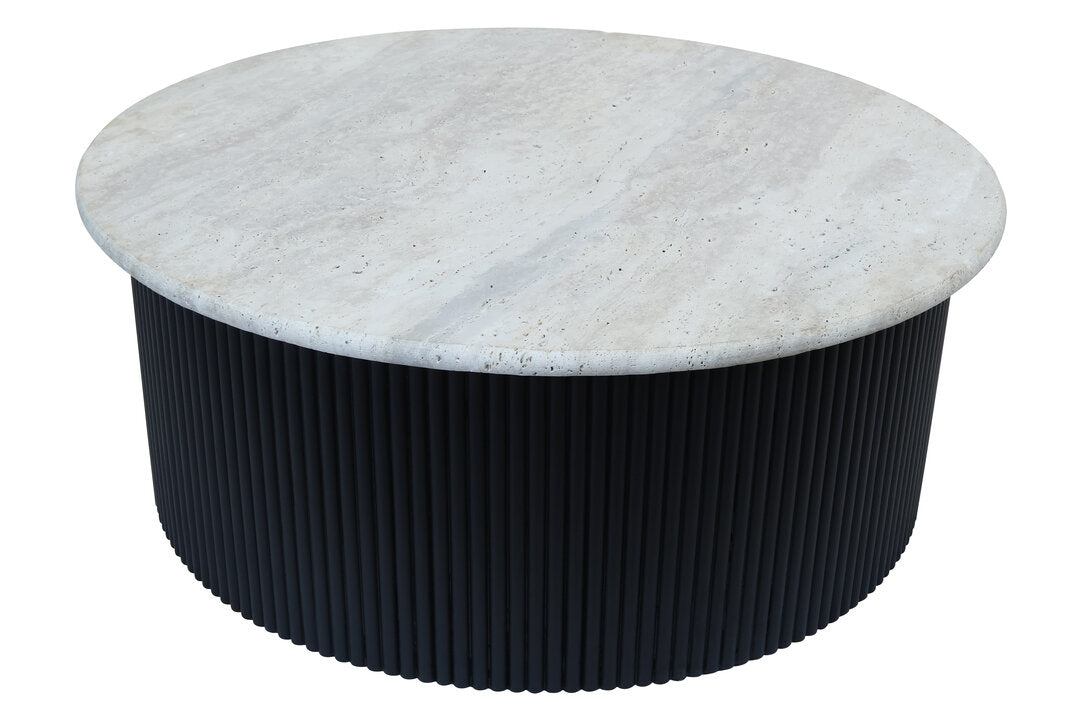 Trinidad Travertine Top Coffee Table with Black Acacia Wood Base
