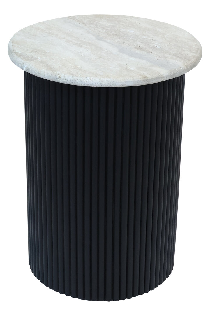 Trinidad Travertine Top Side Table with Black Acacia Wood Base