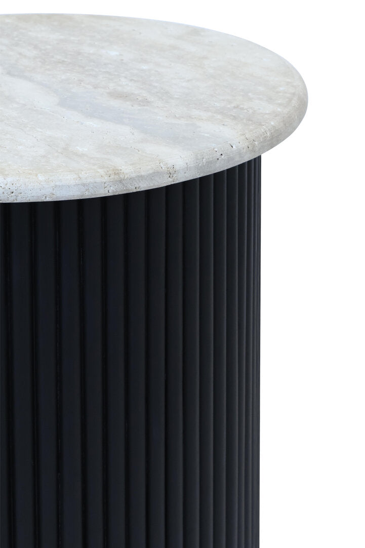 Trinidad Travertine Top Side Table with Black Acacia Wood Base