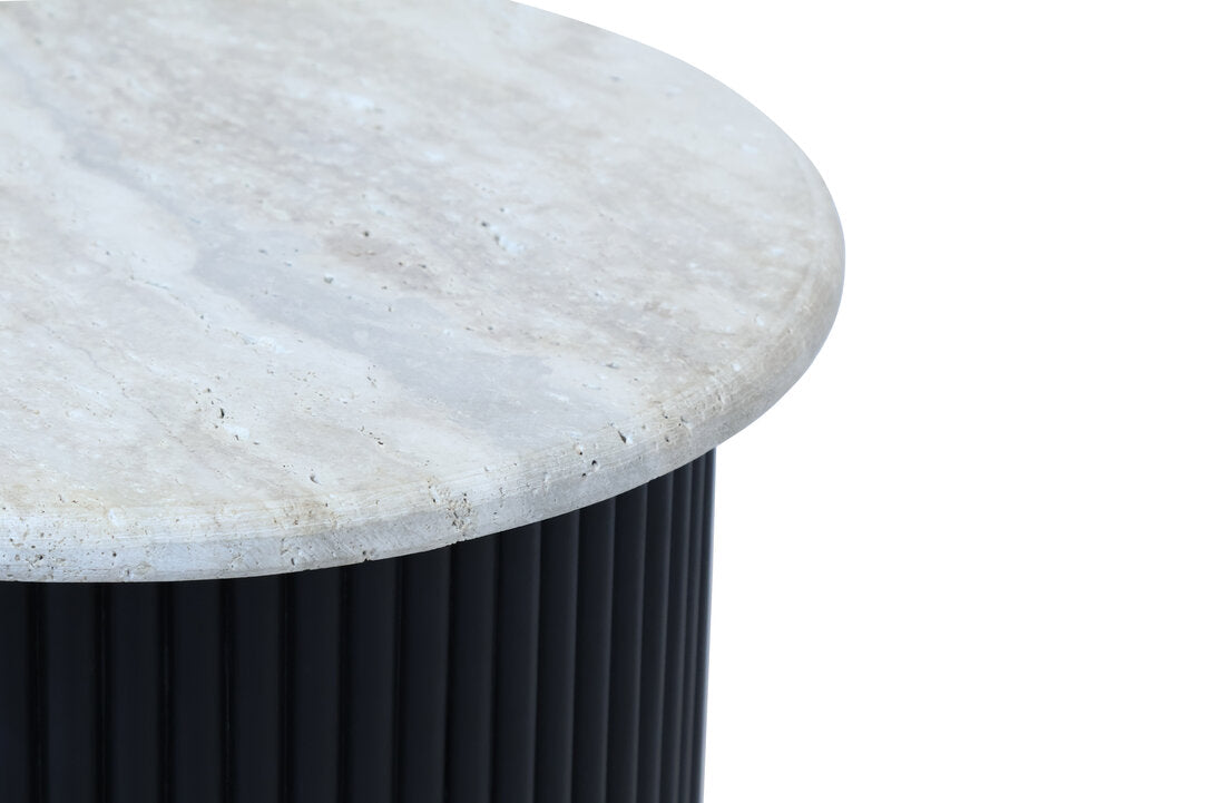 Trinidad Travertine Top Side Table with Black Acacia Wood Base
