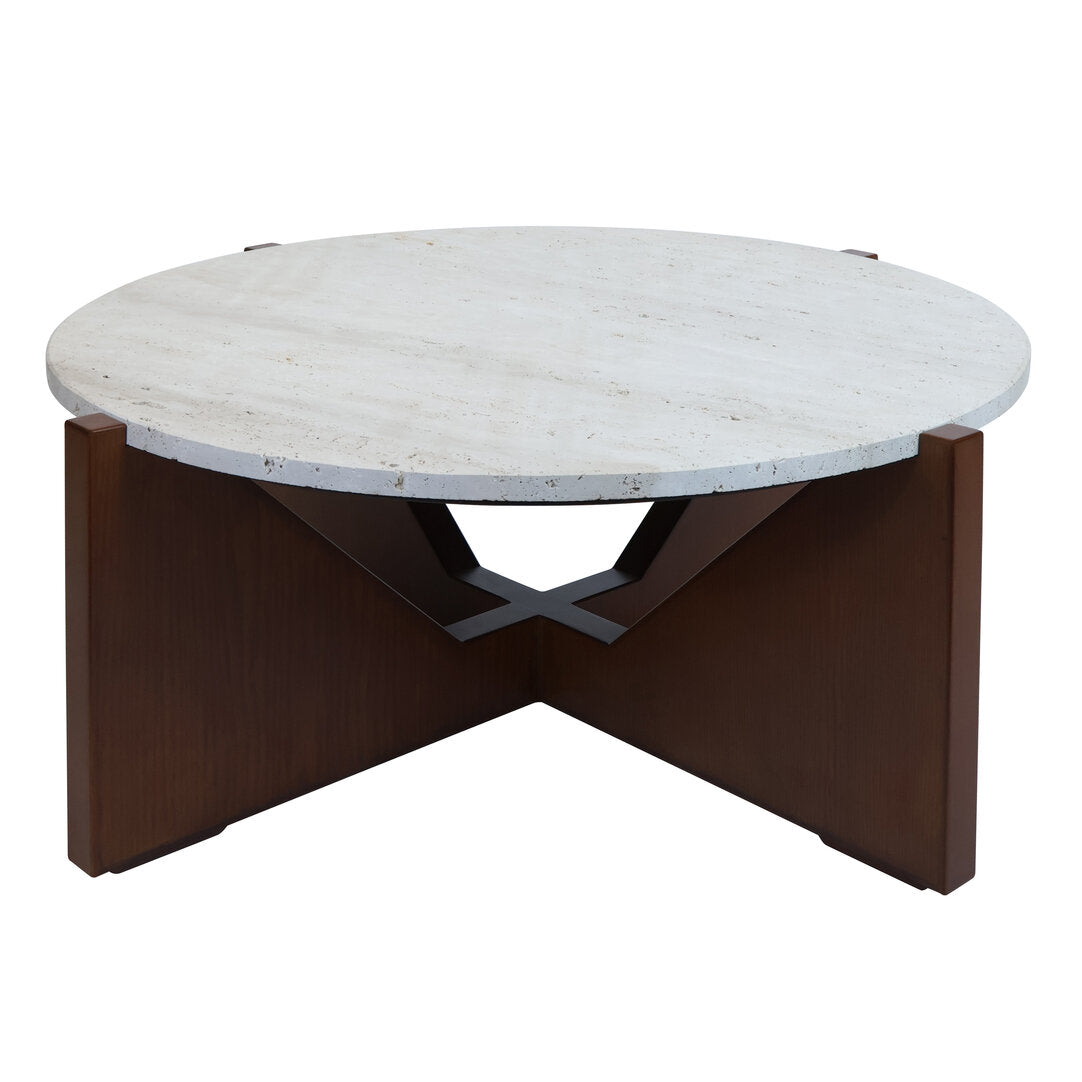Cruz Travertine Top Coffee Table With Acacia Wood Frame