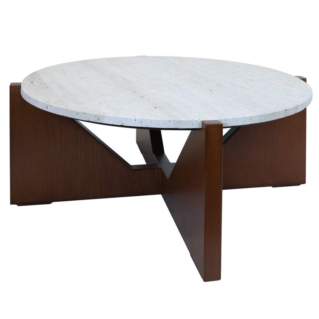 Cruz Travertine Top Coffee Table With Acacia Wood Frame