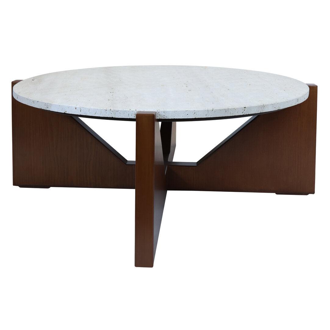 Cruz Travertine Top Coffee Table With Acacia Wood Frame