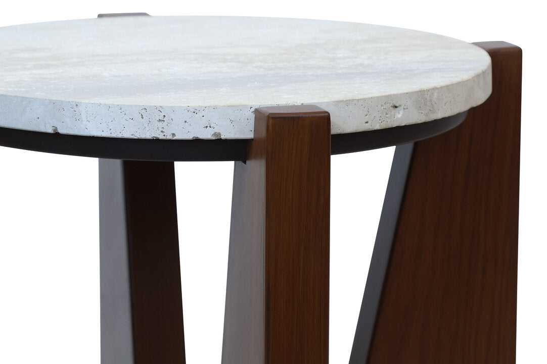 Cruz Travertine Top Side Table with Acacia Wood Frame