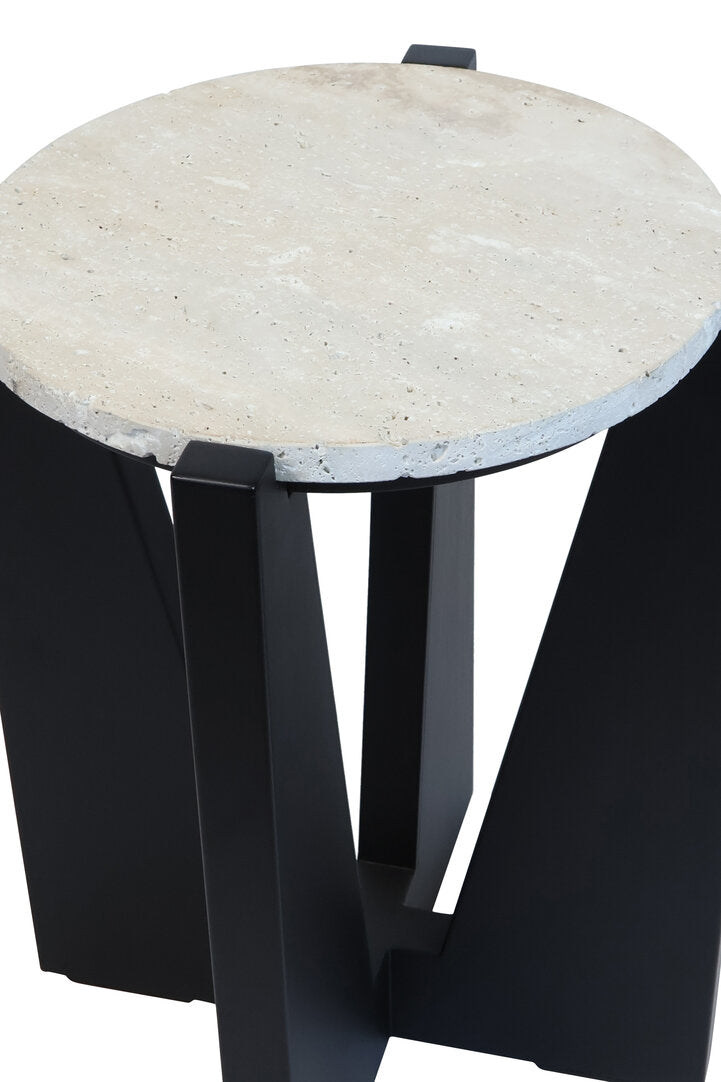 Cruz Travertine Top Side Table With Black Acacia Wood Frame