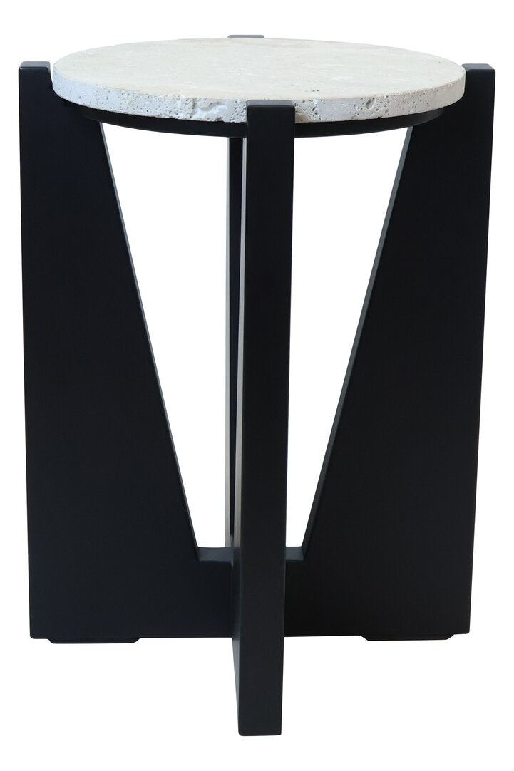 Cruz Travertine Top Side Table With Black Acacia Wood Frame