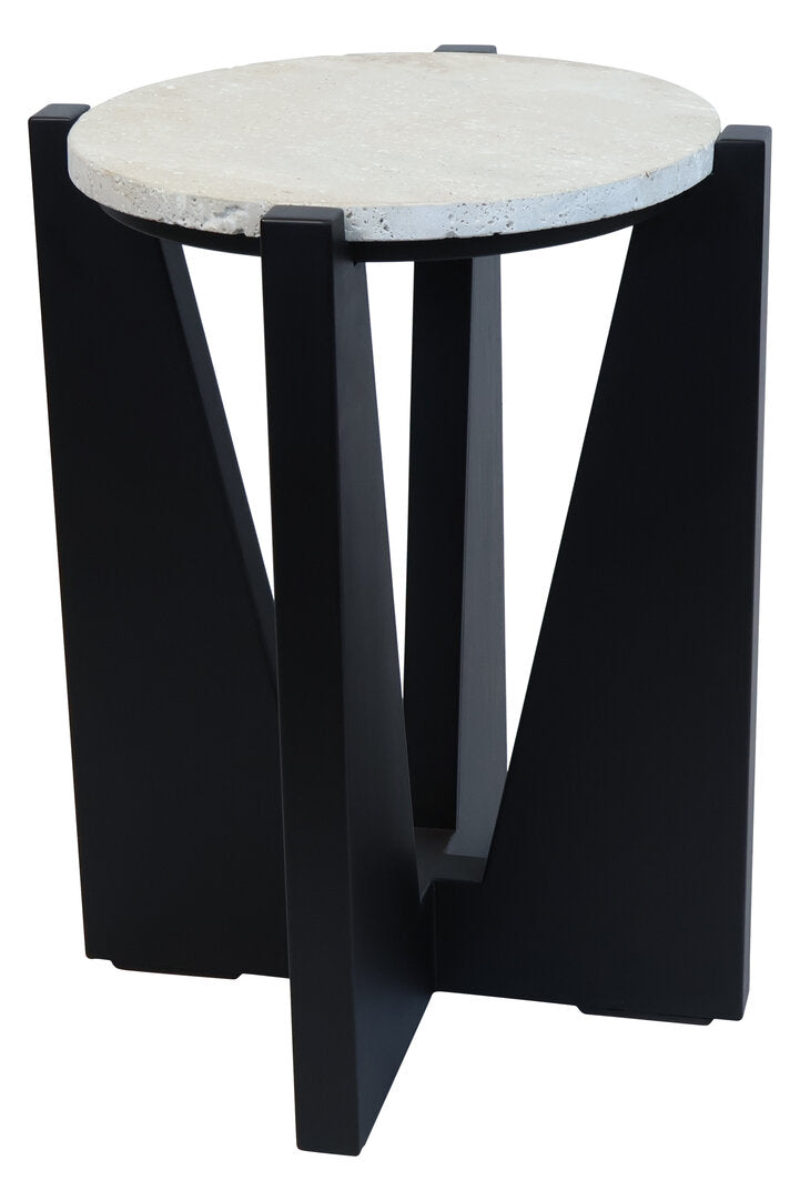 Cruz Travertine Top Side Table With Black Acacia Wood Frame