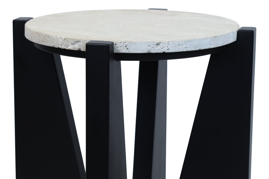 Cruz Travertine Top Side Table With Black Acacia Wood Frame