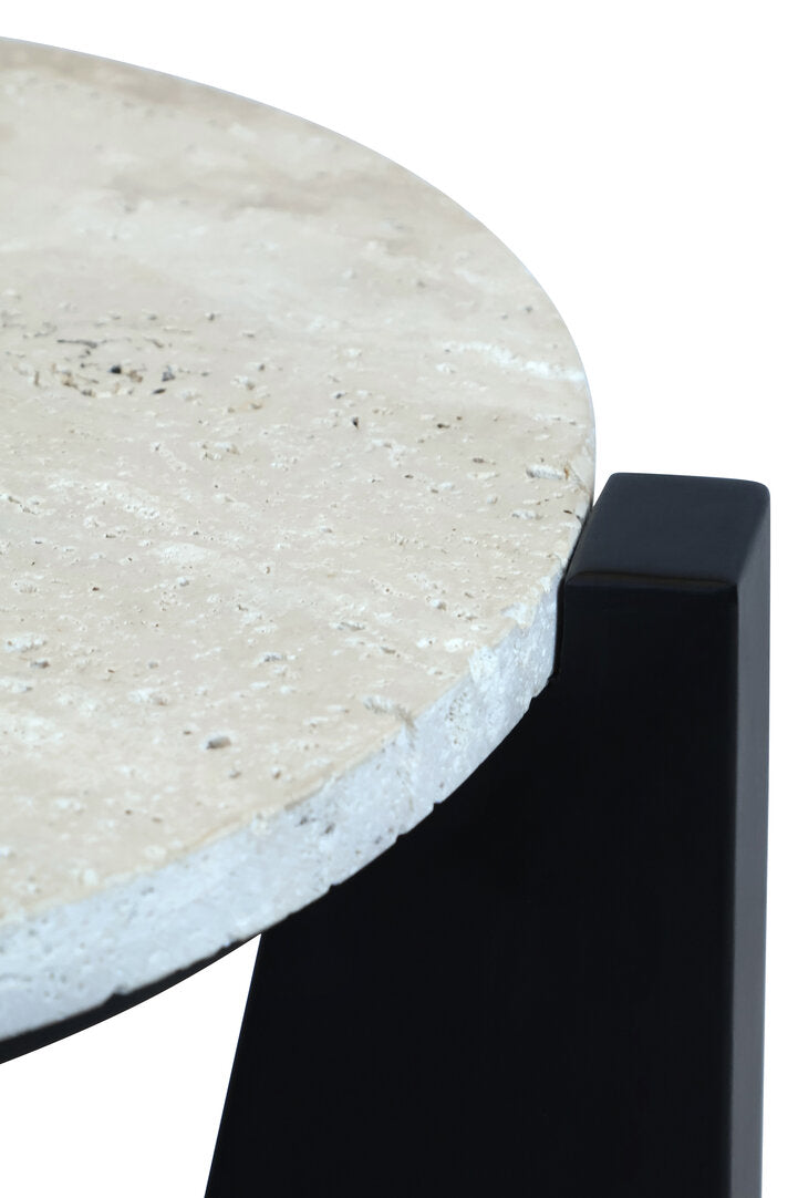 Cruz Travertine Top Side Table With Black Acacia Wood Frame