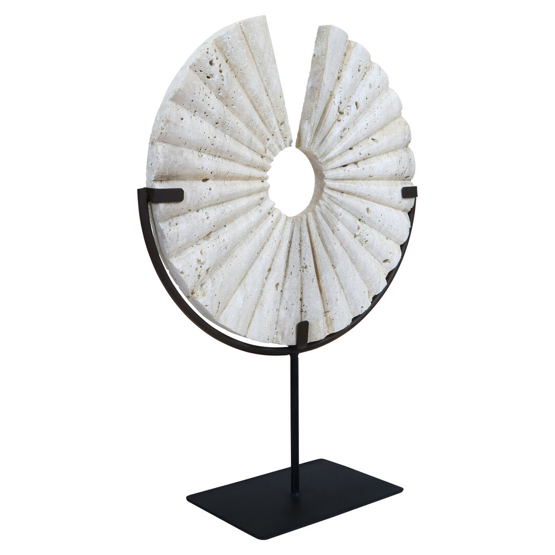 Amo Travertine Disc Sculpture with Black Metal Base