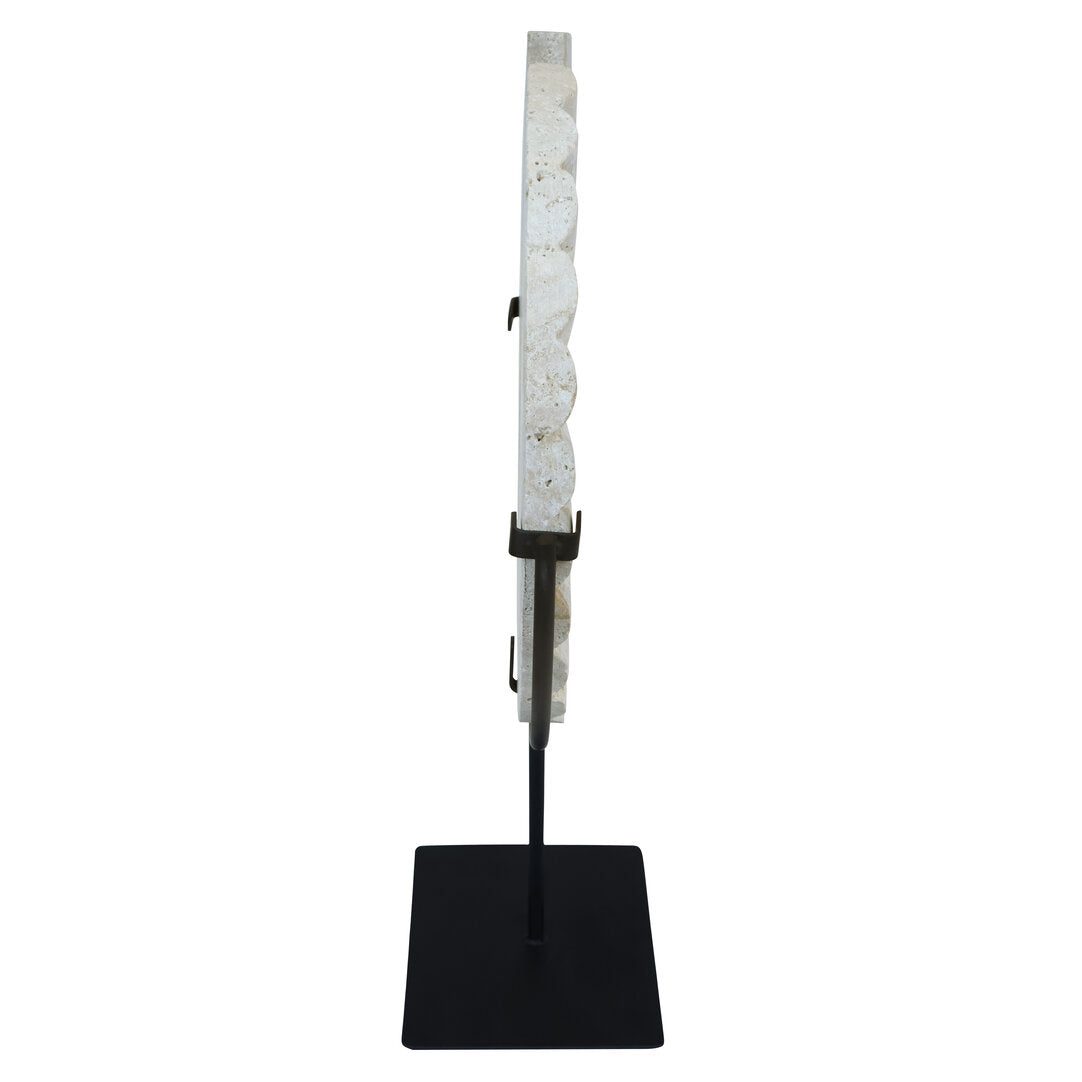 Amo Travertine Disc Sculpture with Black Metal Base