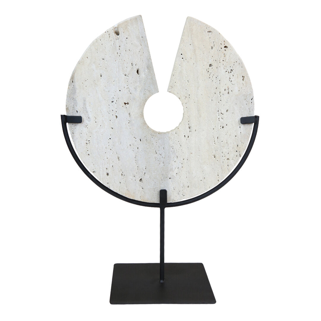 Amo Travertine Disc Sculpture with Black Metal Base