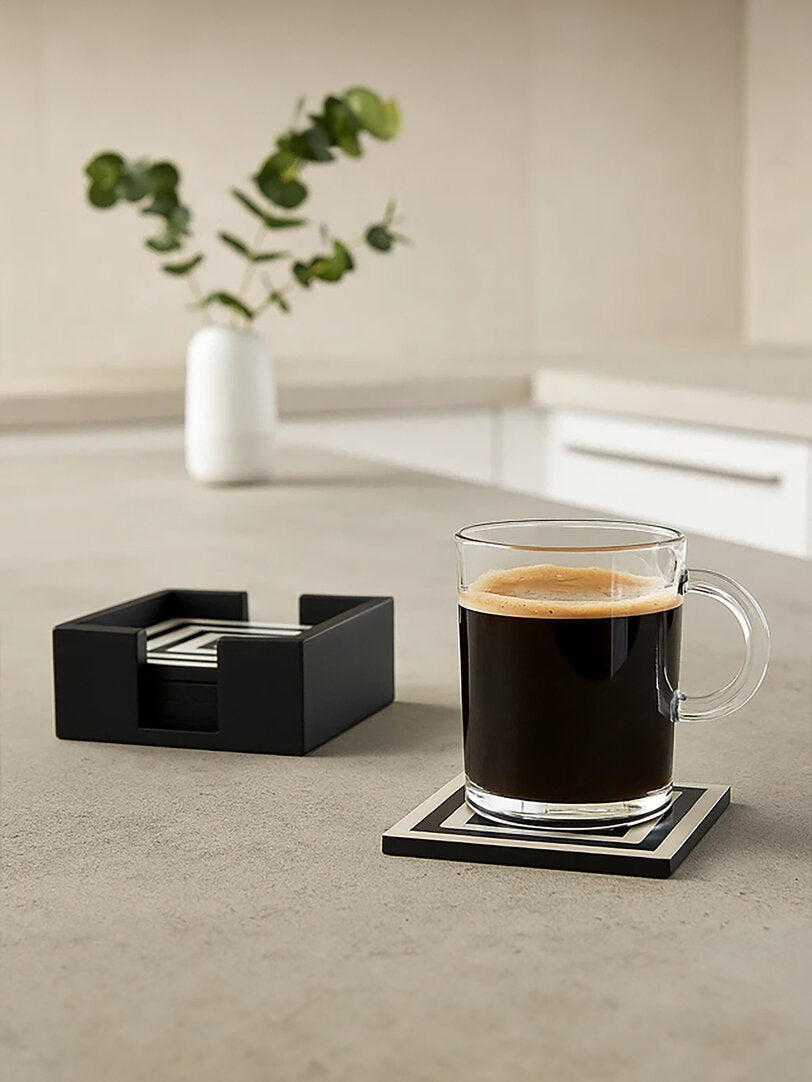 Marbs Set of 4 Black & White Stripe Coasters with Holder