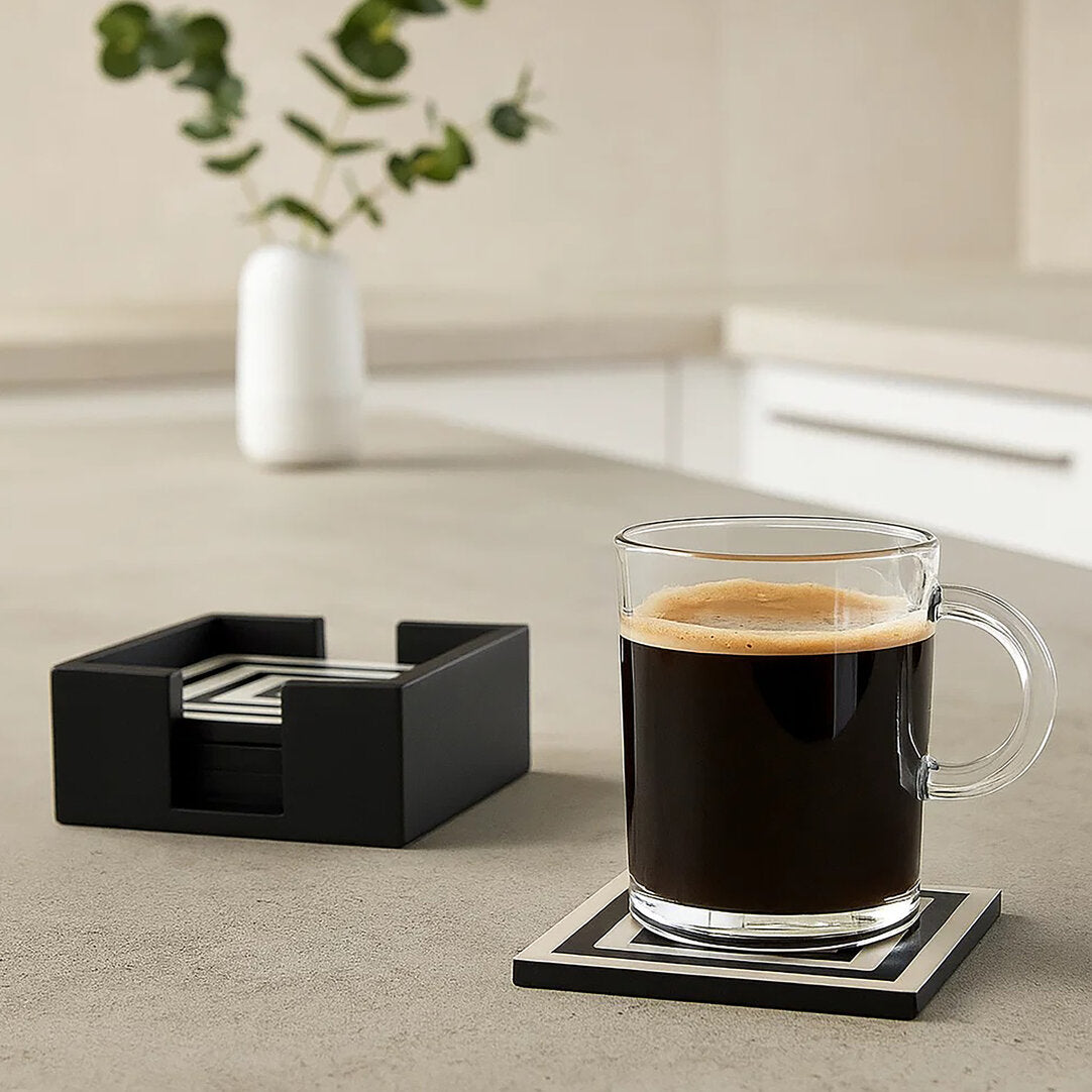 Marbs Set of 4 Black & White Stripe Coasters with Holder