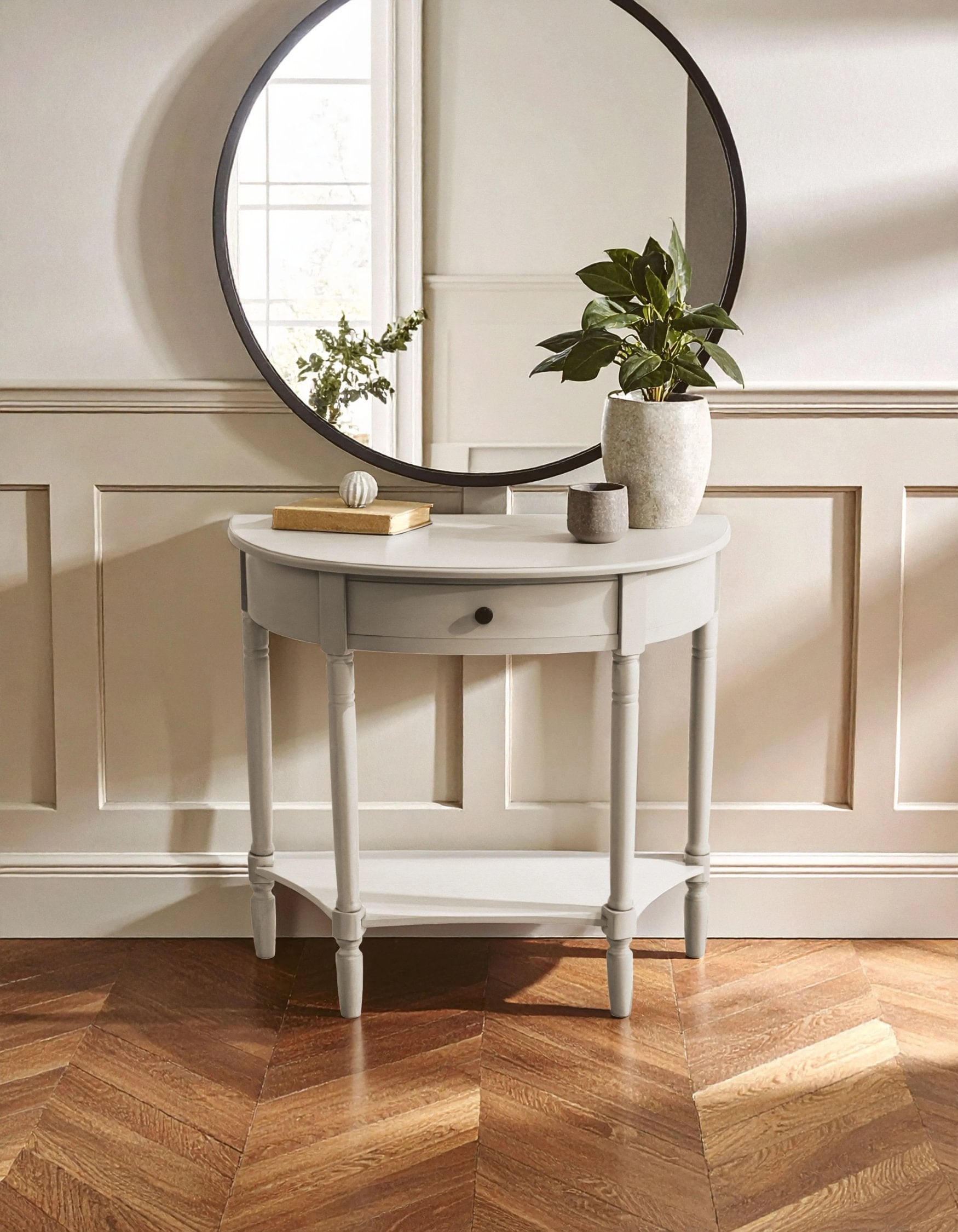 Chelsea Grey Putty Half Moon Wood 1 Drawer Console Table