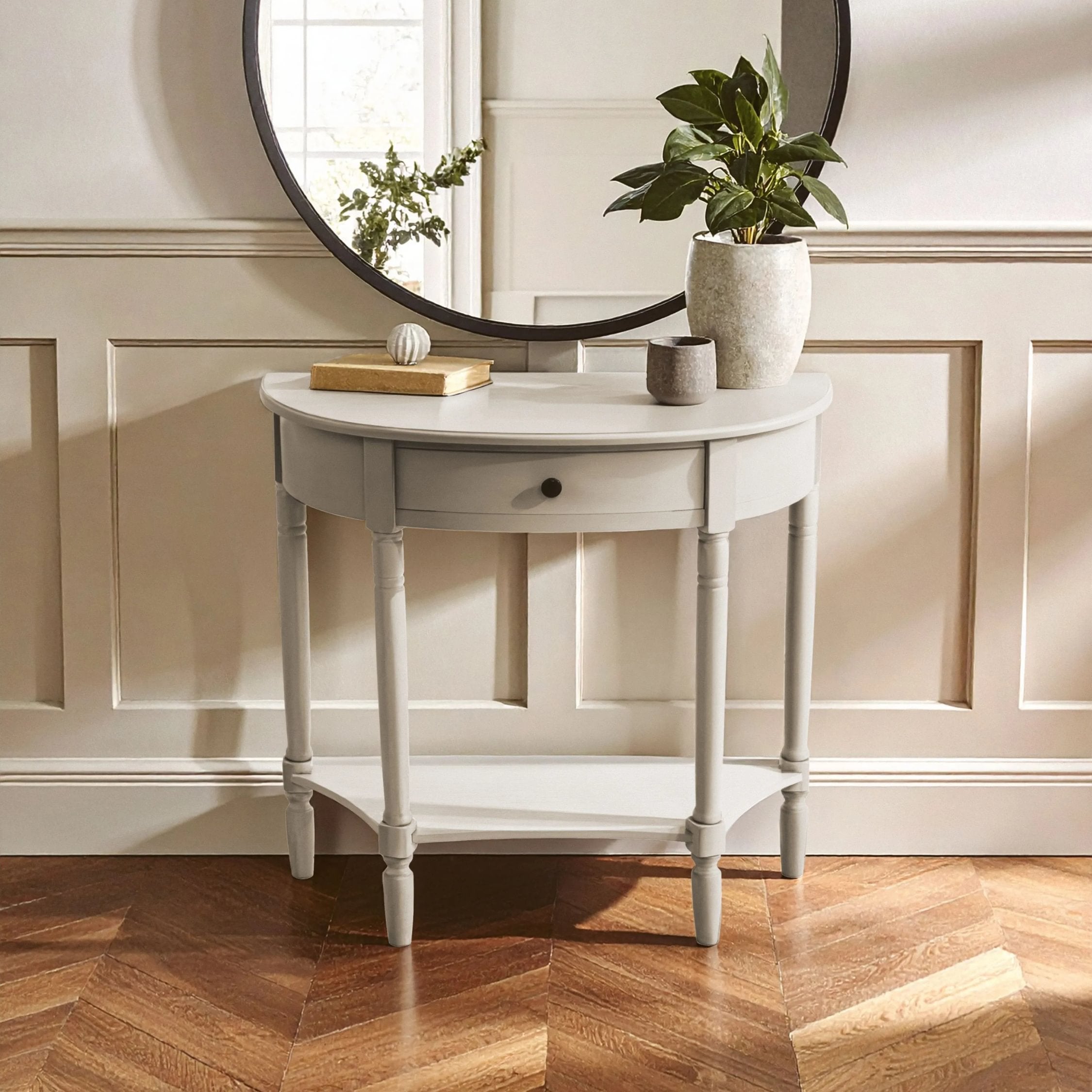 Chelsea Grey Putty Half Moon Wood 1 Drawer Console Table