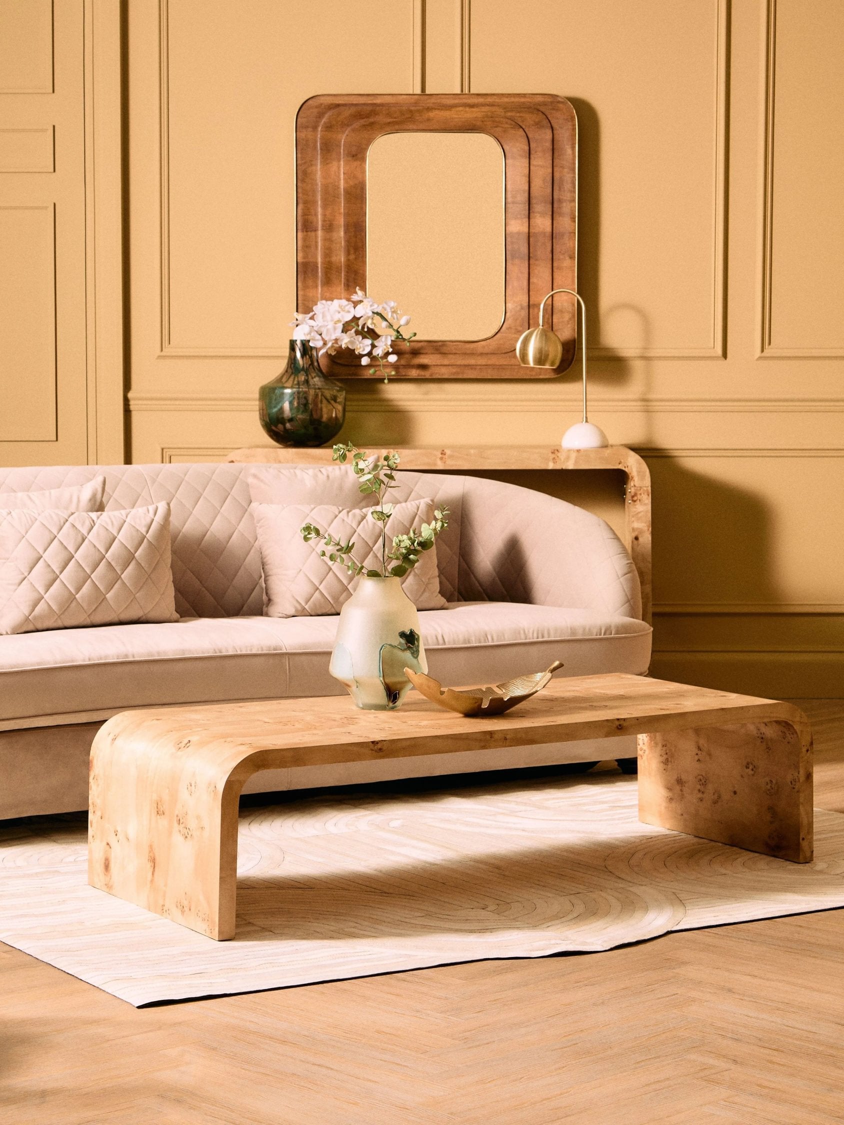 Marlow Burl Wood Design Curved Coffee Table