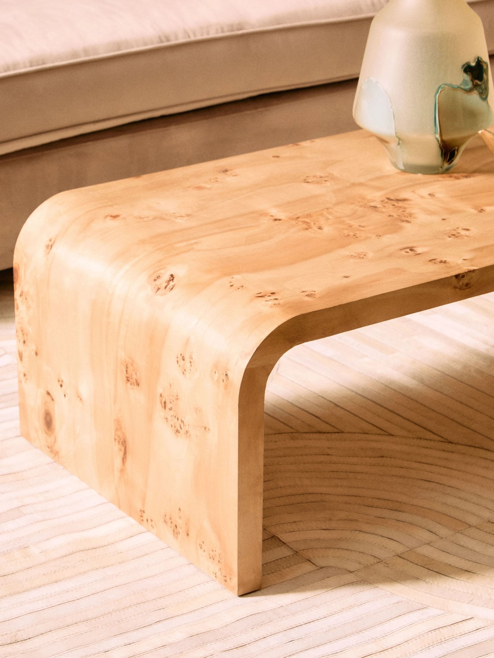 Marlow Burl Wood Design Curved Coffee Table