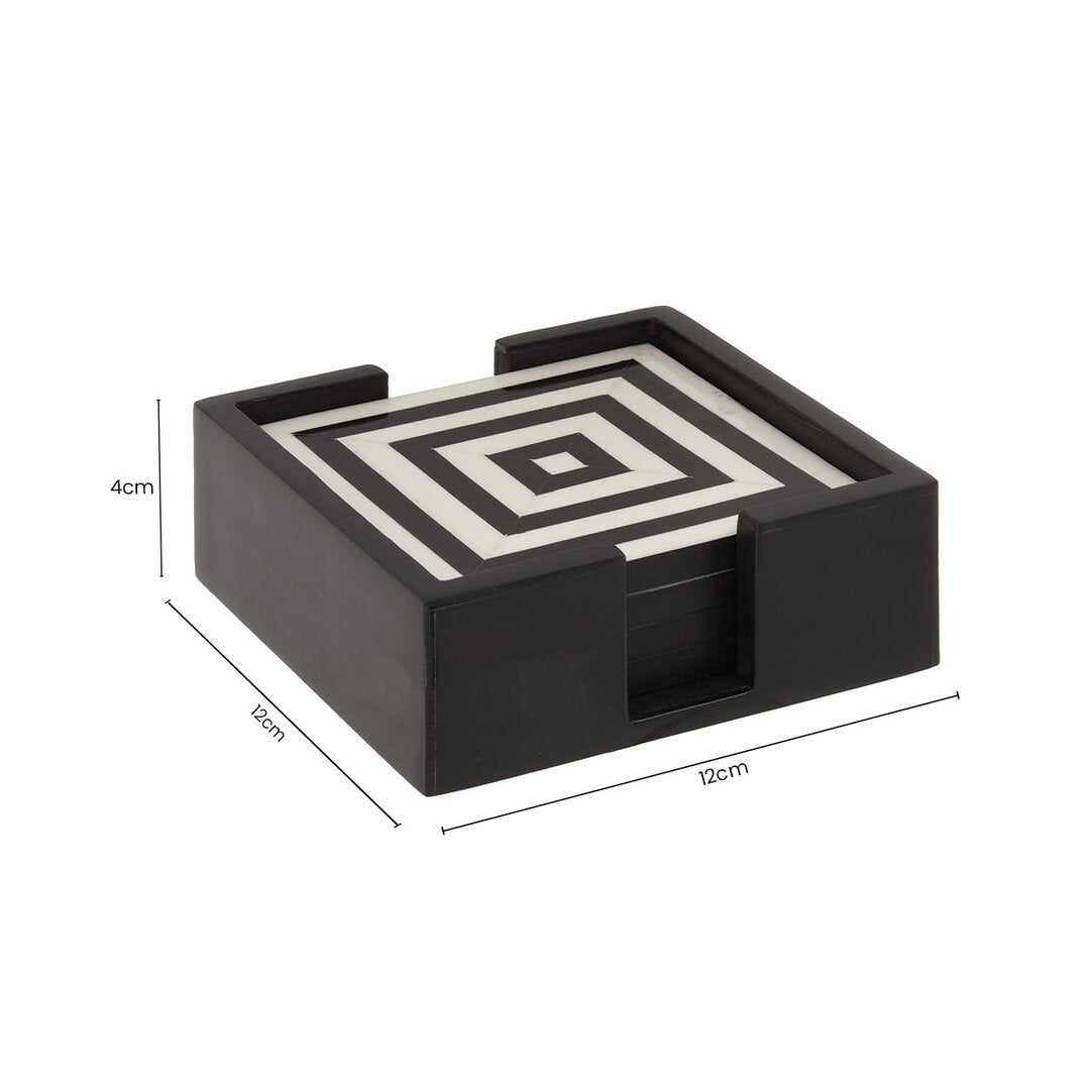 Marbs Set of 4 Black & White Stripe Coasters with Holder