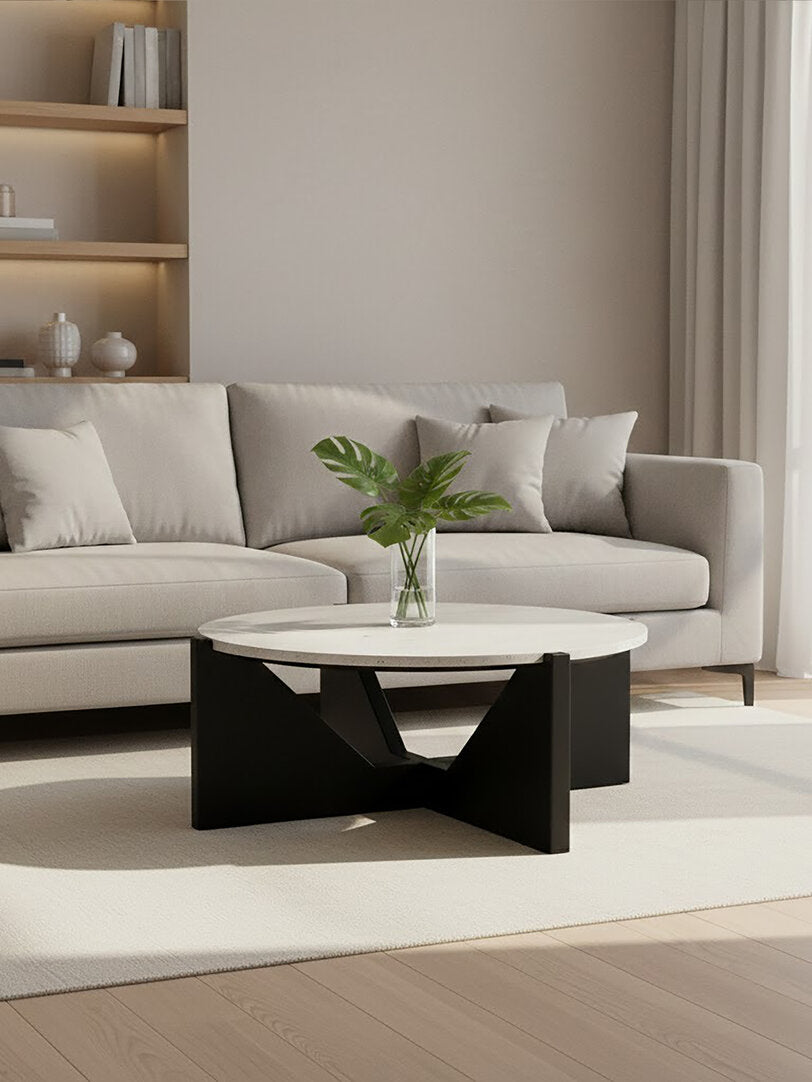 Cruz Travertine Top Coffee Table With Black Acacia Wood Frame