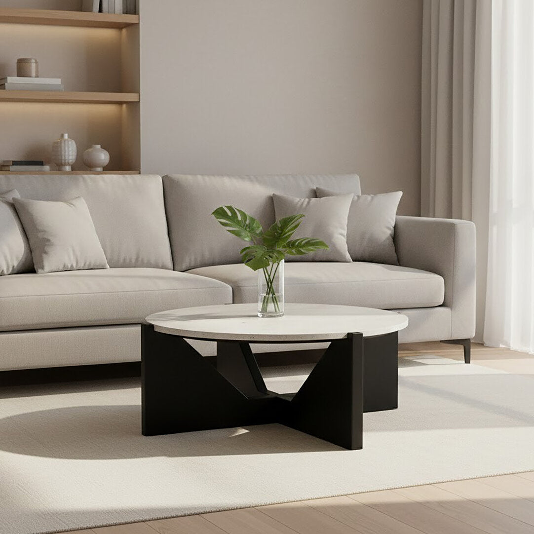 Cruz Travertine Top Coffee Table With Black Acacia Wood Frame