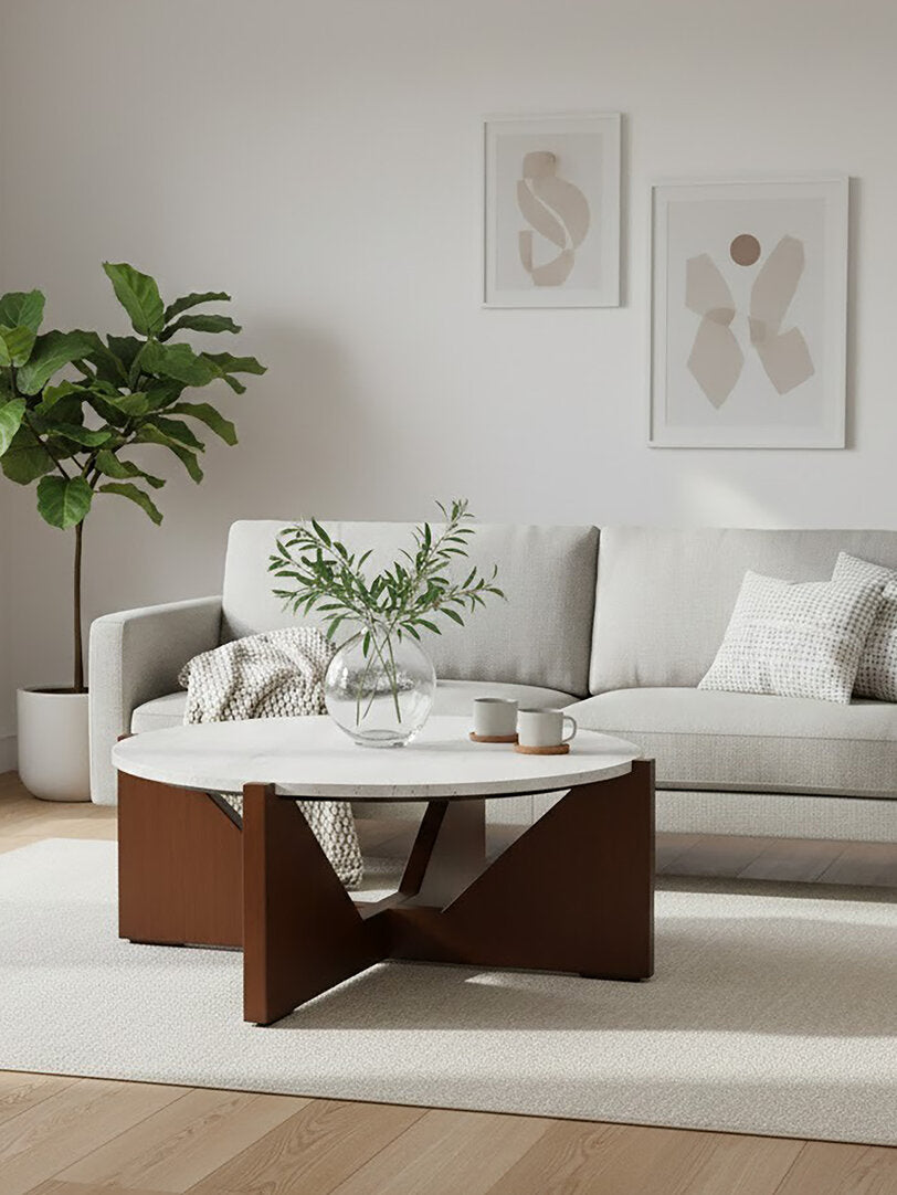 Cruz Travertine Top Coffee Table With Acacia Wood Frame