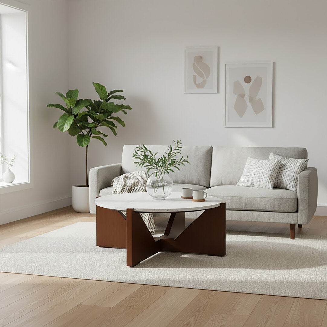 Cruz Travertine Top Coffee Table With Acacia Wood Frame