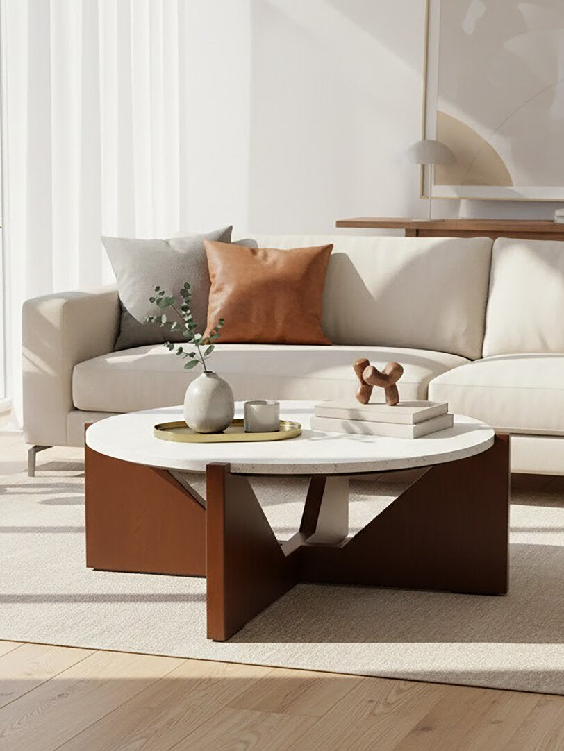 Cruz Travertine Top Coffee Table With Acacia Wood Frame