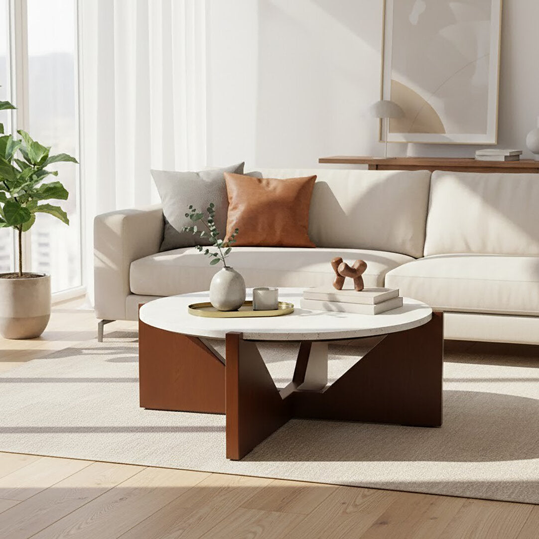 Cruz Travertine Top Coffee Table With Acacia Wood Frame