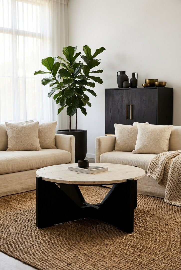 Cruz Travertine Top Coffee Table With Black Acacia Wood Frame