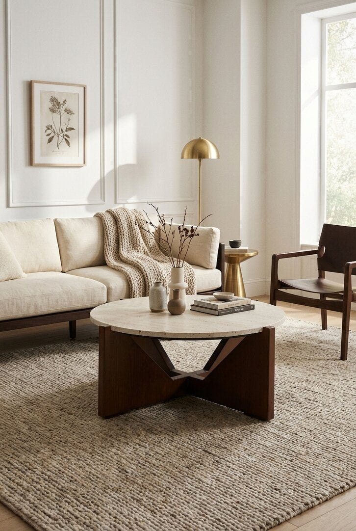 Cruz Travertine Top Coffee Table With Acacia Wood Frame