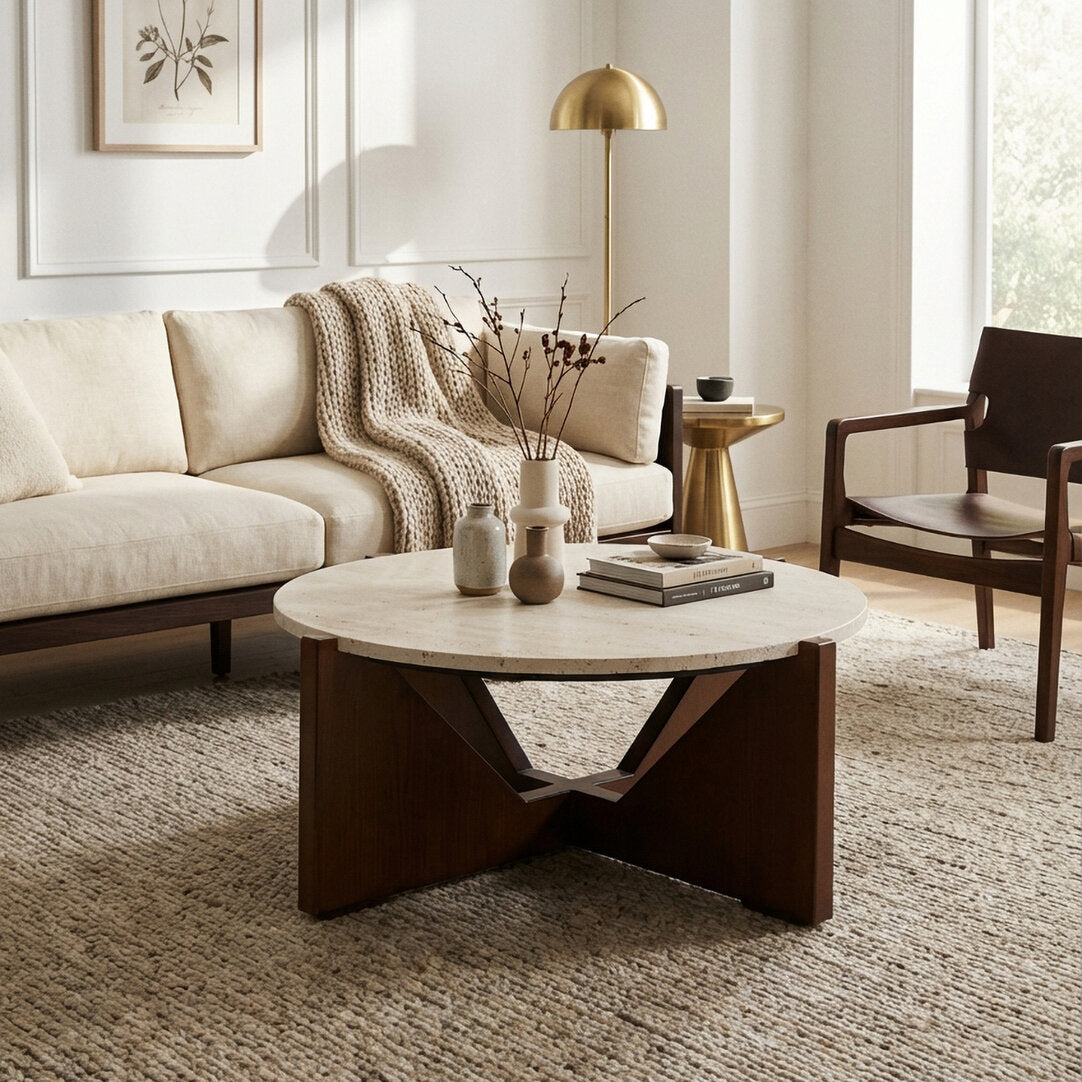 Cruz Travertine Top Coffee Table With Acacia Wood Frame
