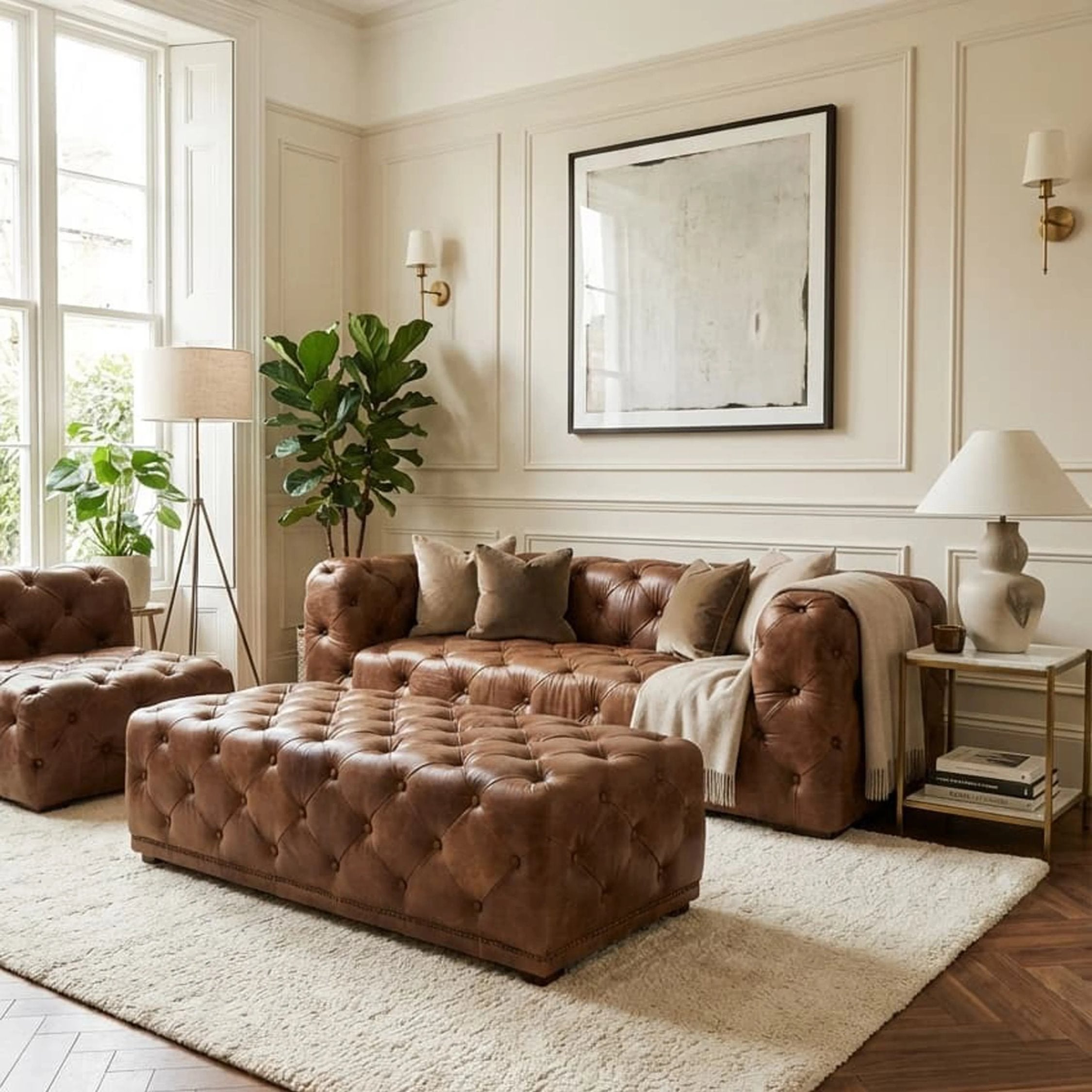 Kensington Brown Leather Rectangular Chesterfield Ottoman