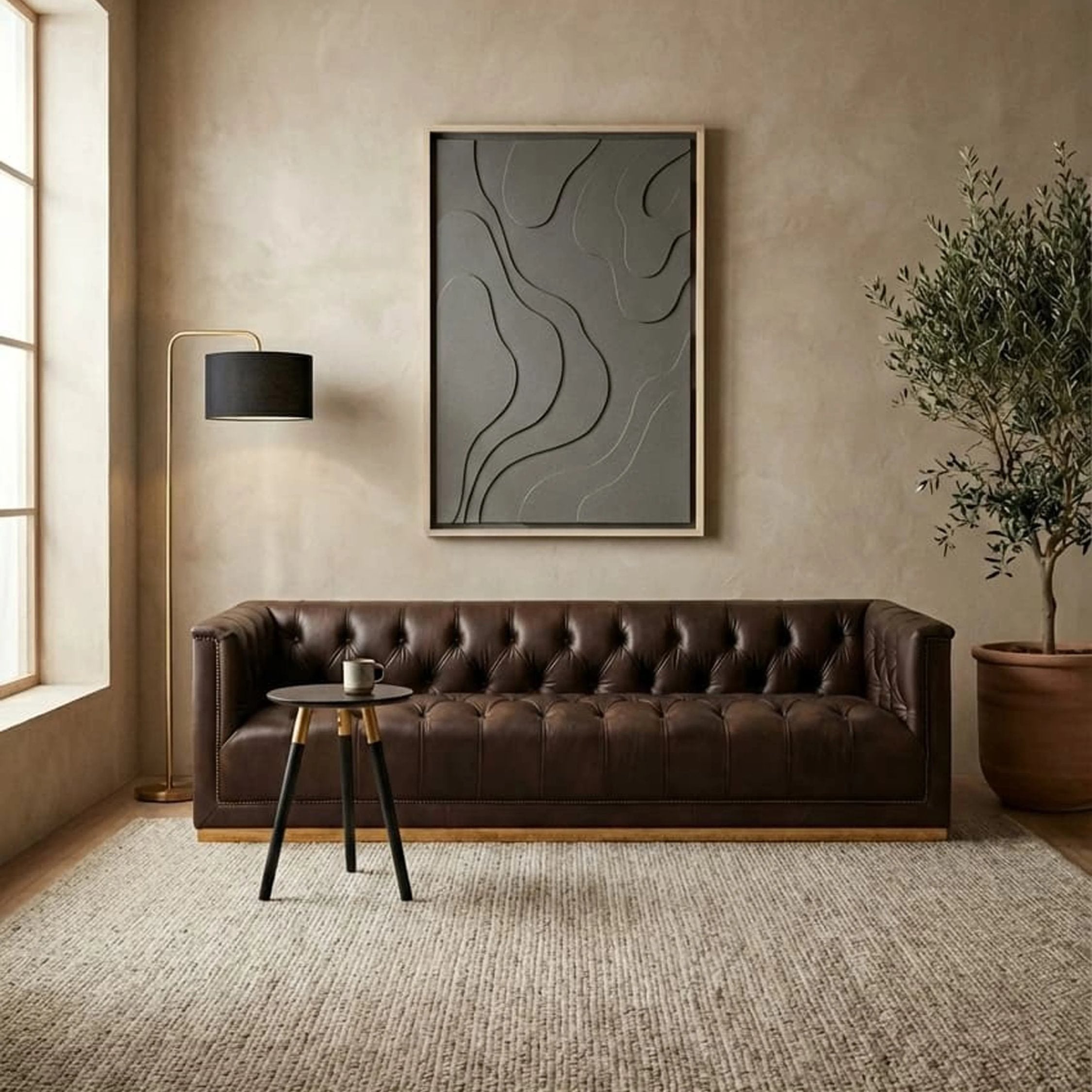 Burlington Dark Brown Leather 3 Seater Modern Chesterfield Sofa 238 x 88 x 64cm