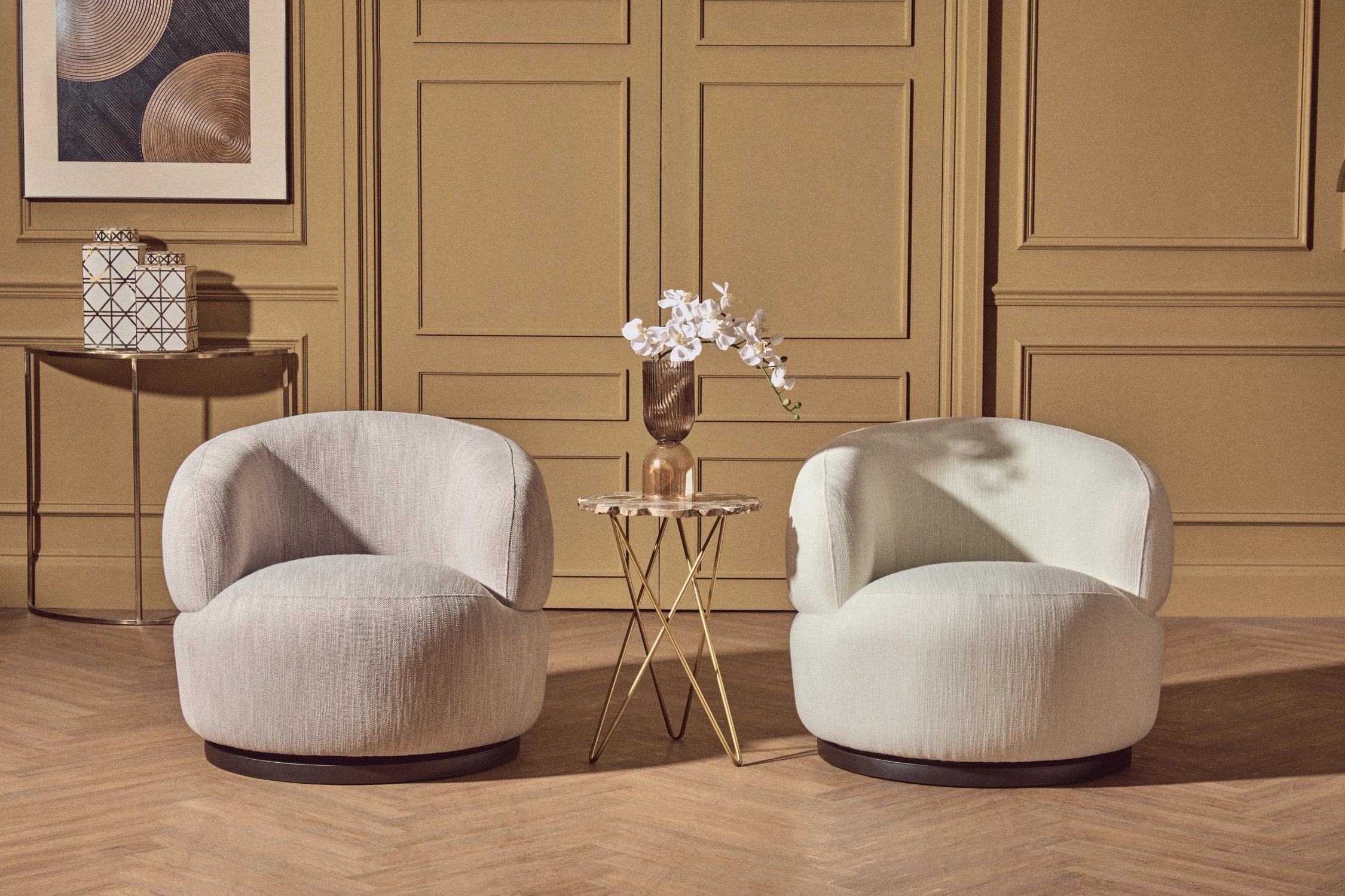 Swell Textured Cream Curved Swivel Chair