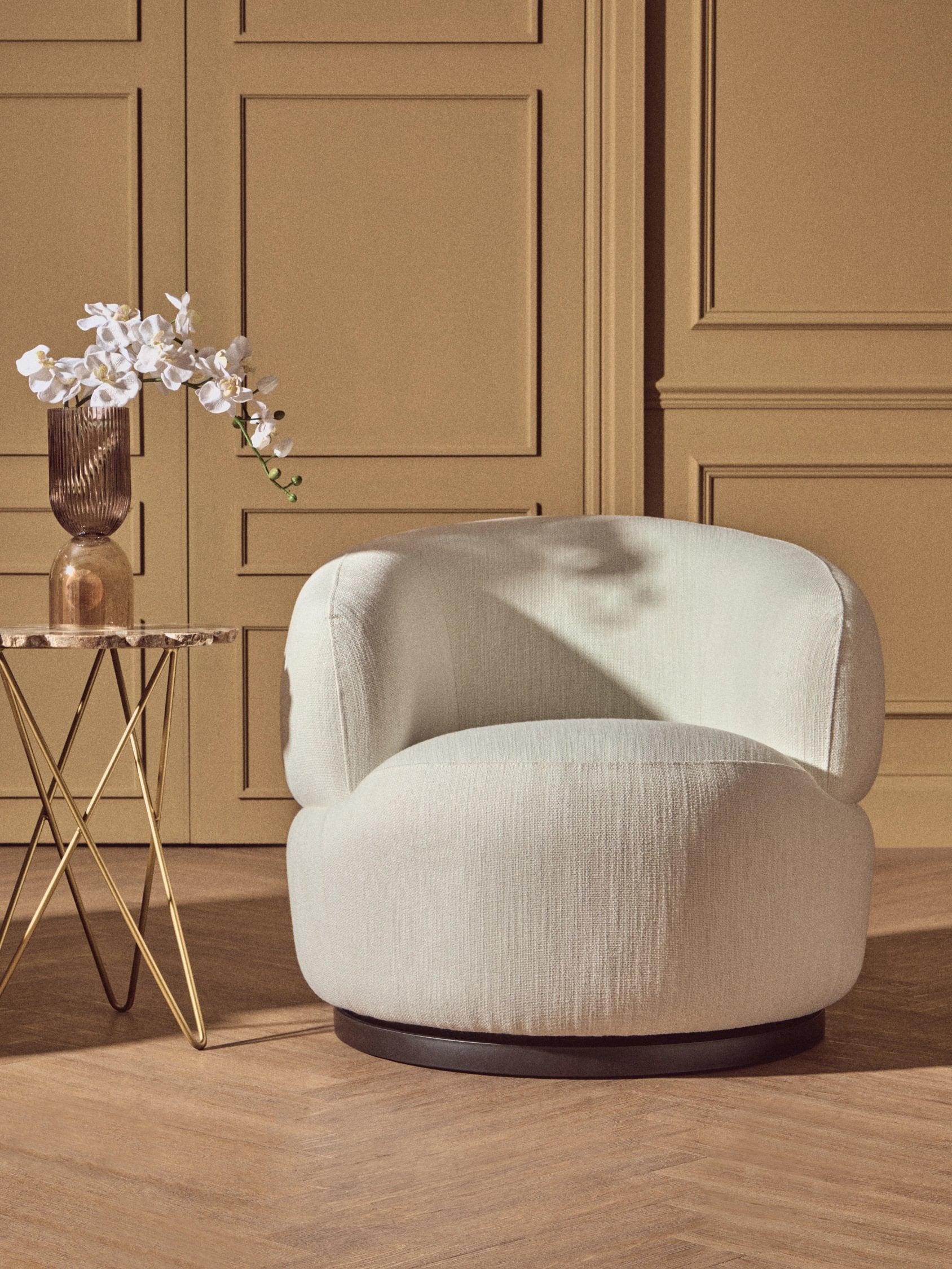 Swell Textured Cream Curved Swivel Chair