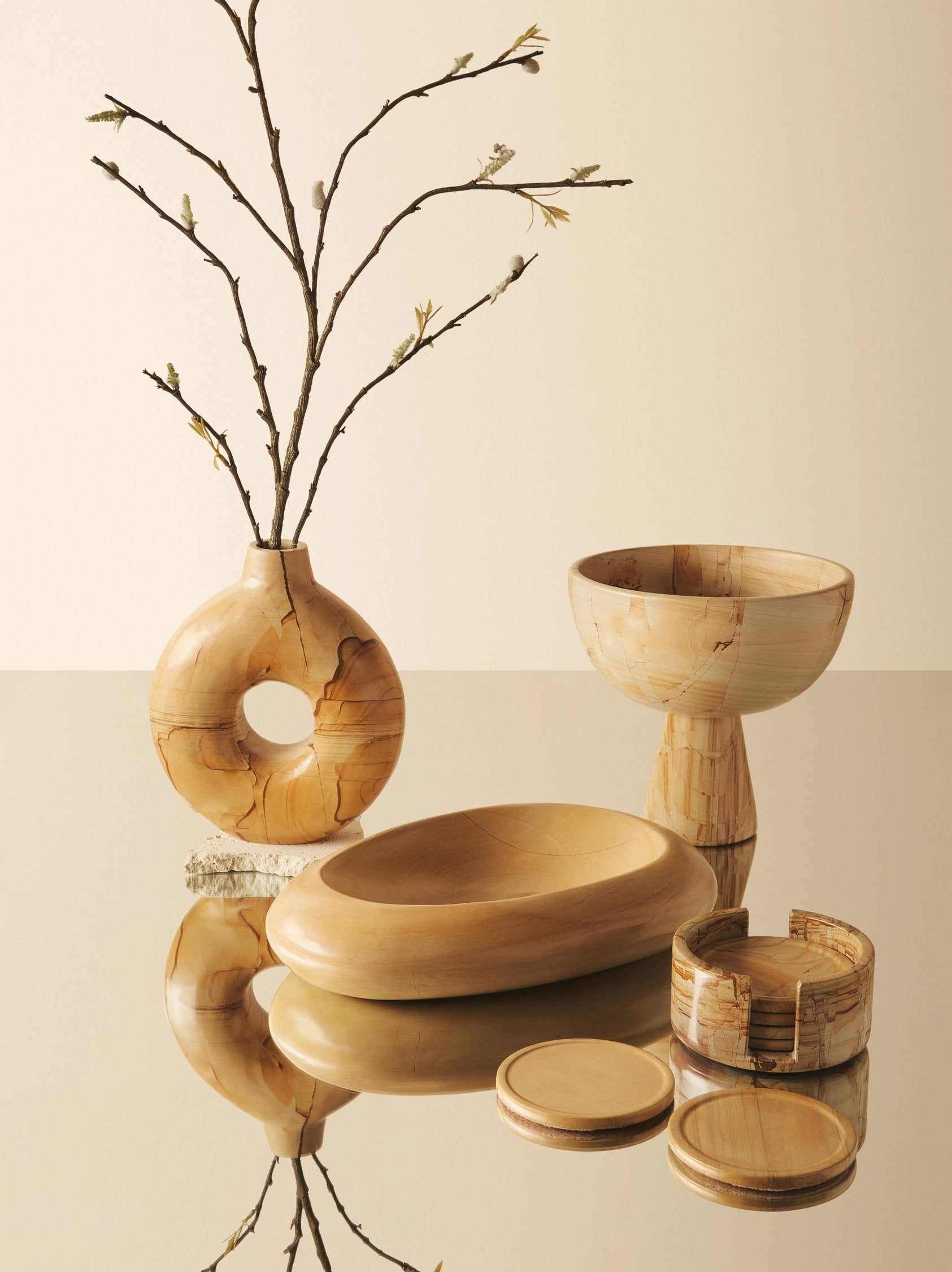 Set of 5 Wren Marble Round Coasters with Holder