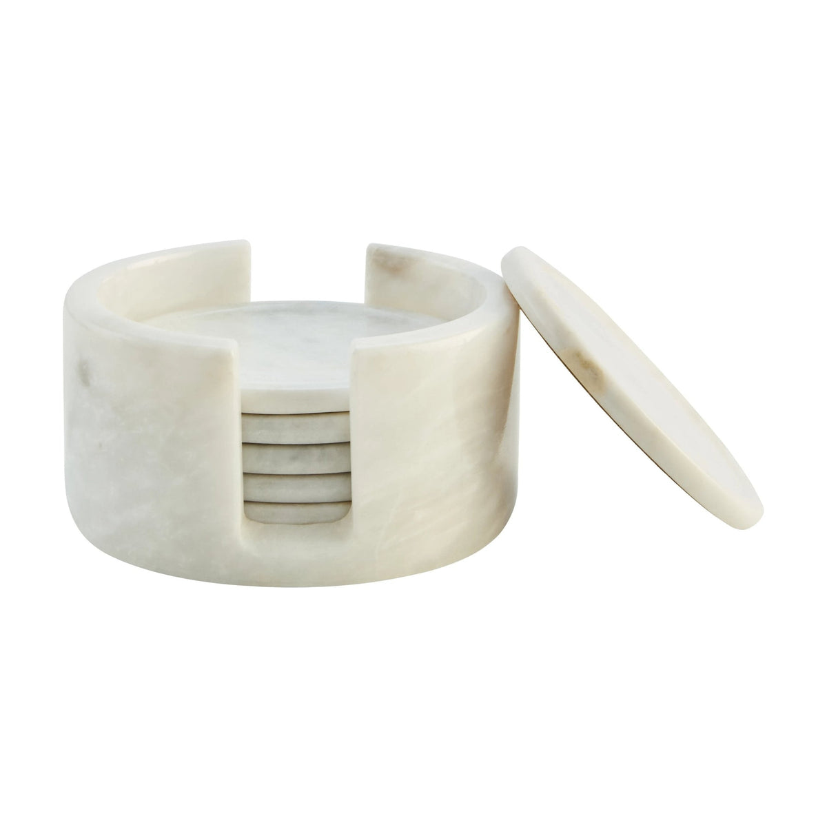 Set of 6 Lucca White Marble Round Coasters with Holder