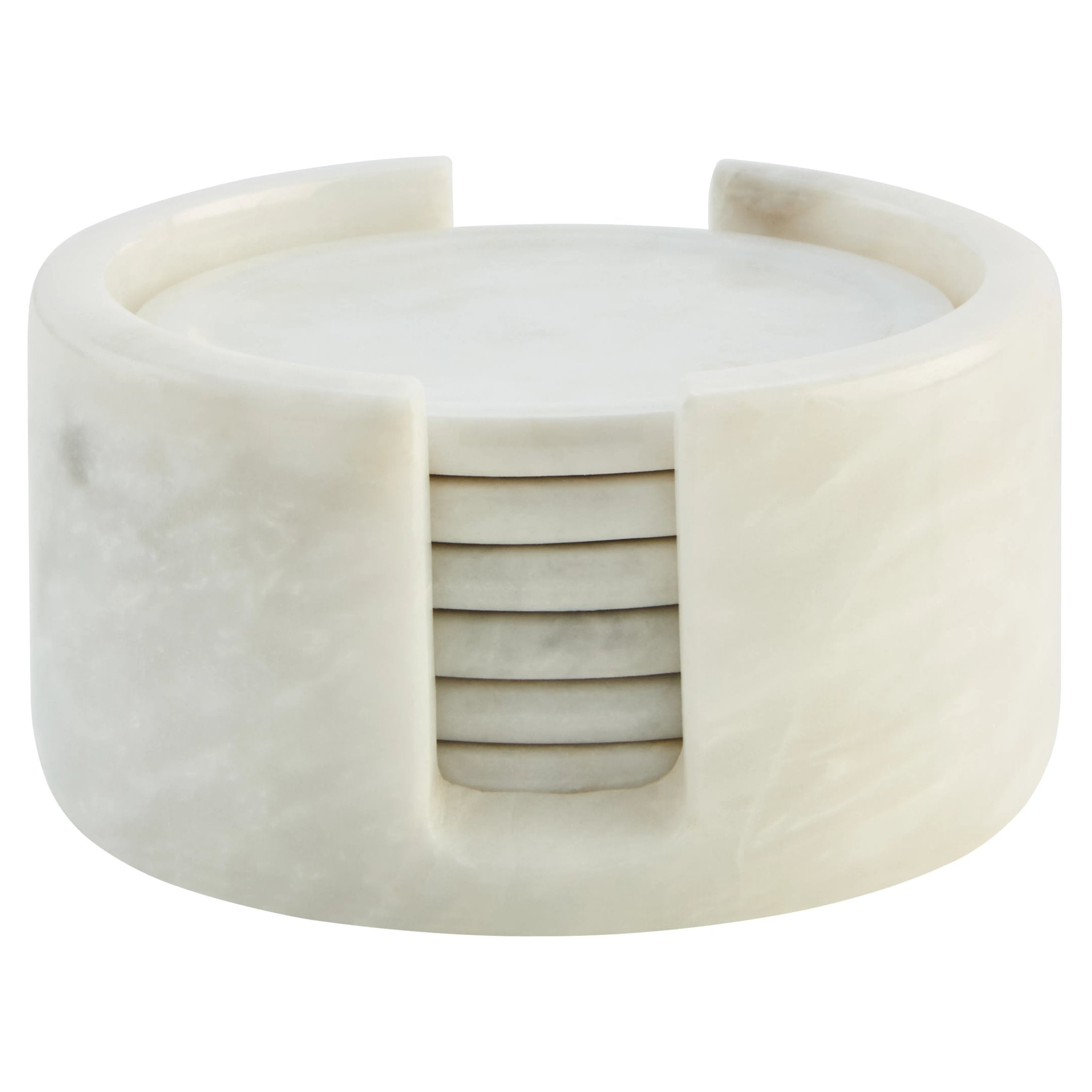 Set of 6 Lucca White Marble Round Coasters with Holder