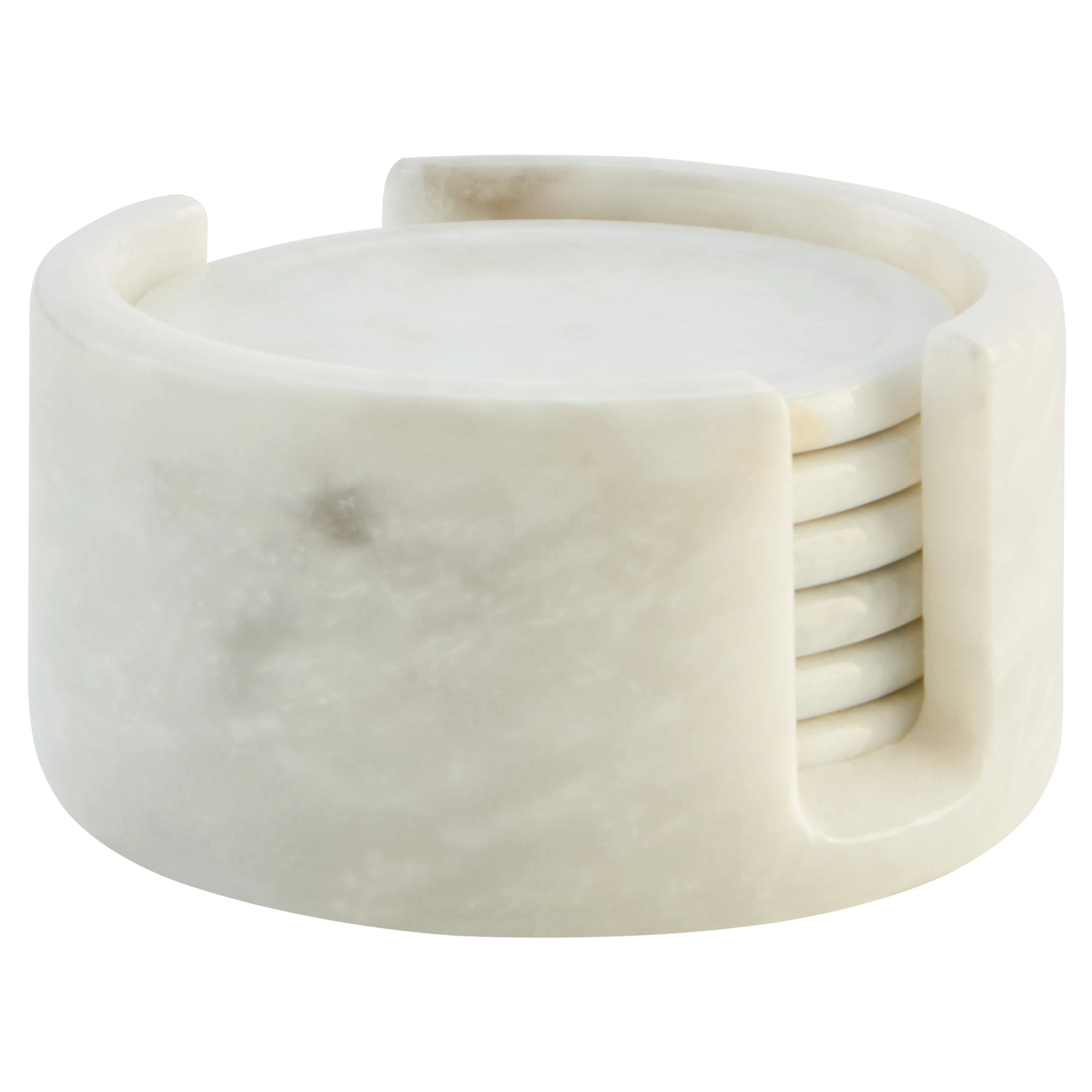 Set of 6 Lucca White Marble Round Coasters with Holder