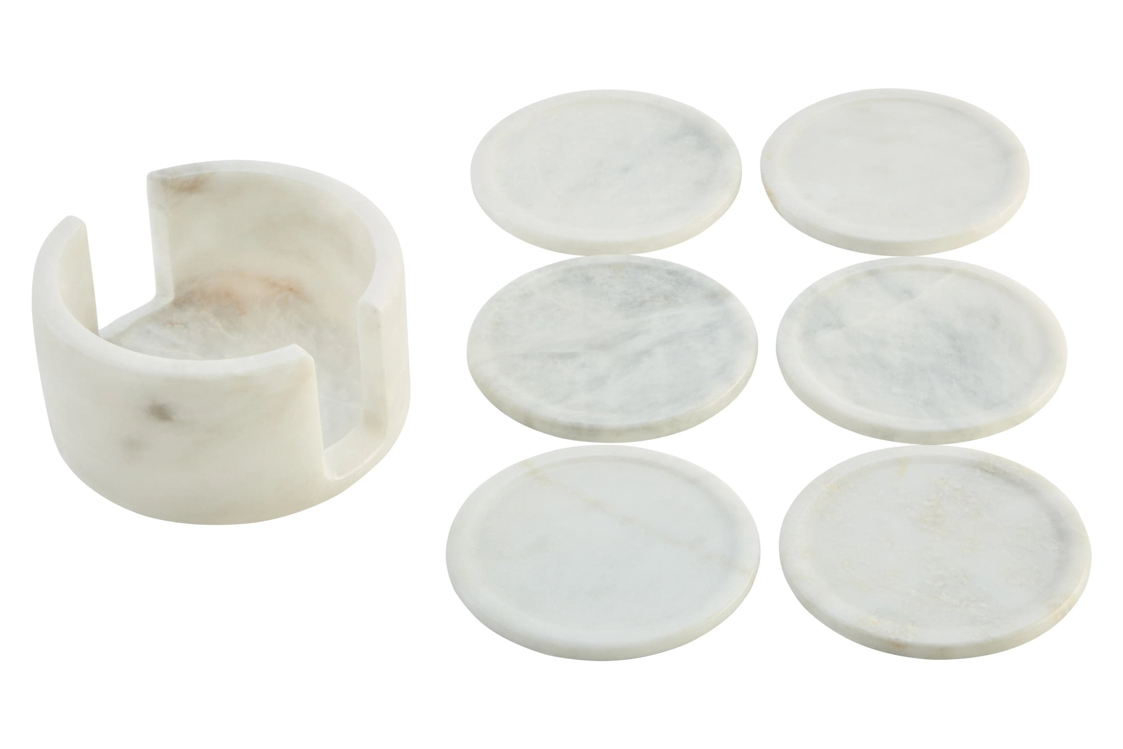 Set of 6 Lucca White Marble Round Coasters with Holder