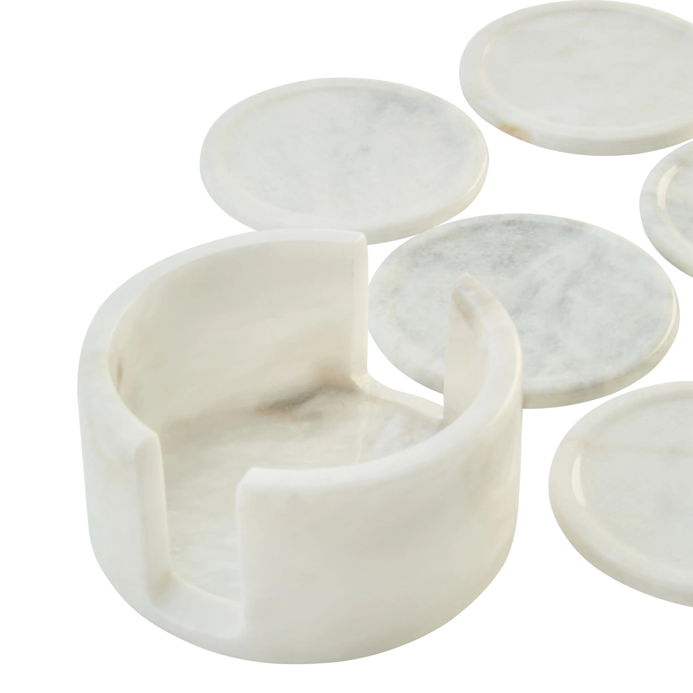 Set of 6 Lucca White Marble Round Coasters with Holder