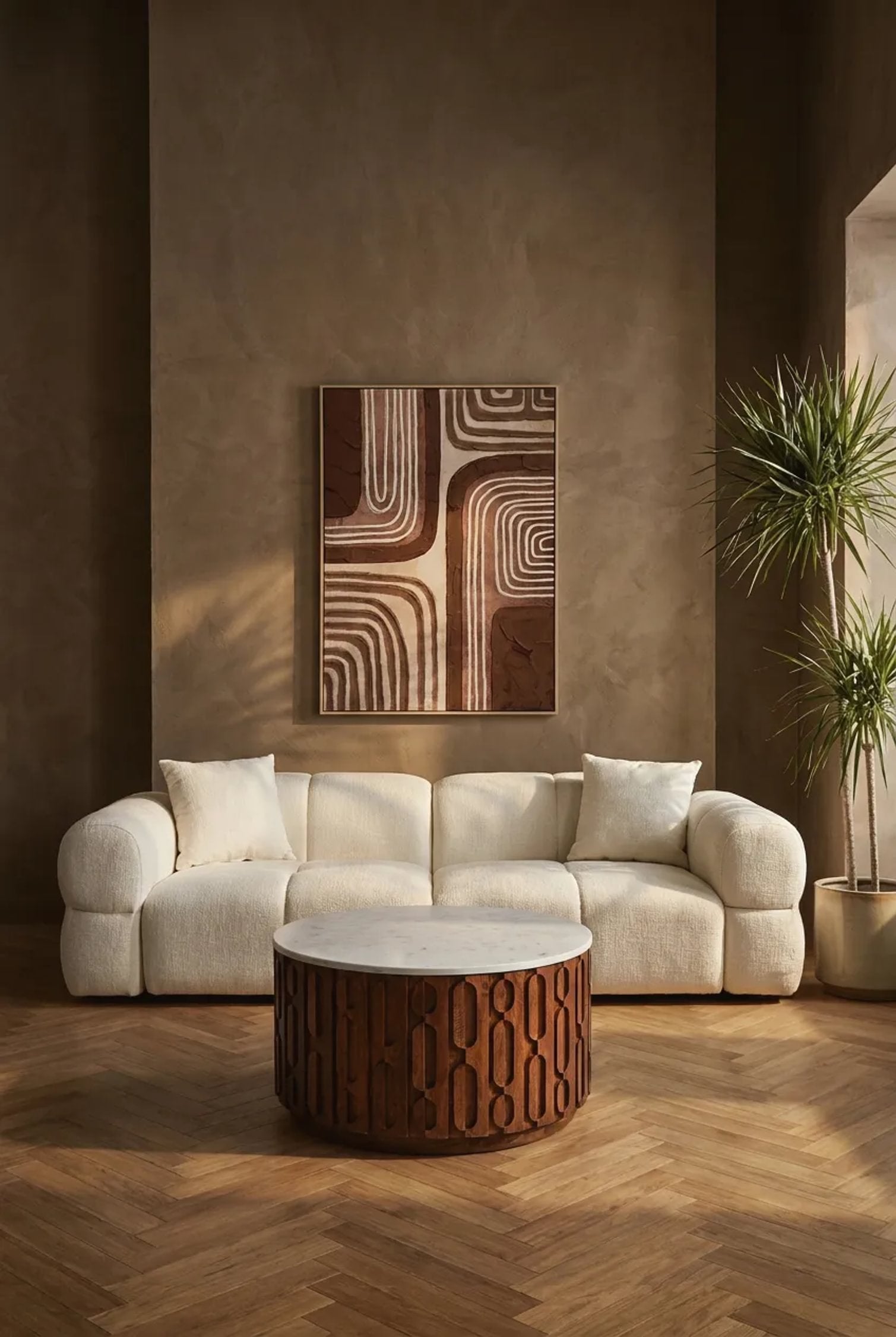 Arezzo Marble & Carved Mango Wood Round Coffee Table