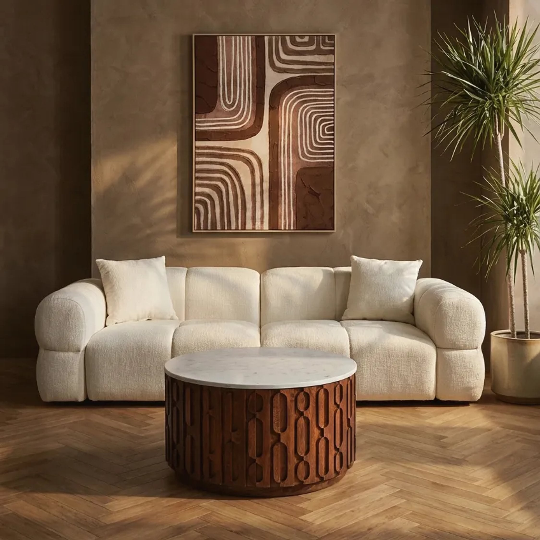 Arezzo Marble & Carved Mango Wood Round Coffee Table