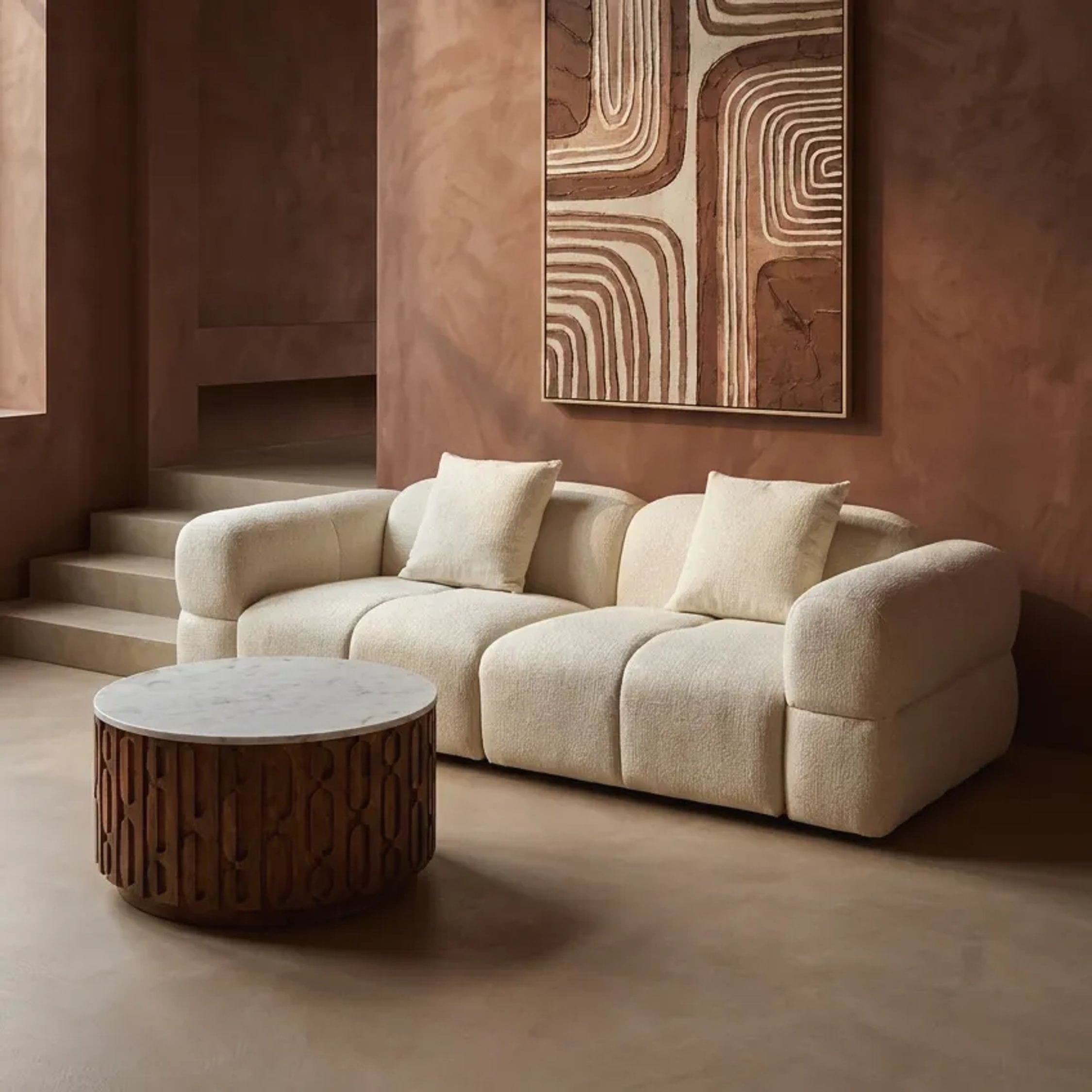 Arezzo Marble & Carved Mango Wood Round Coffee Table