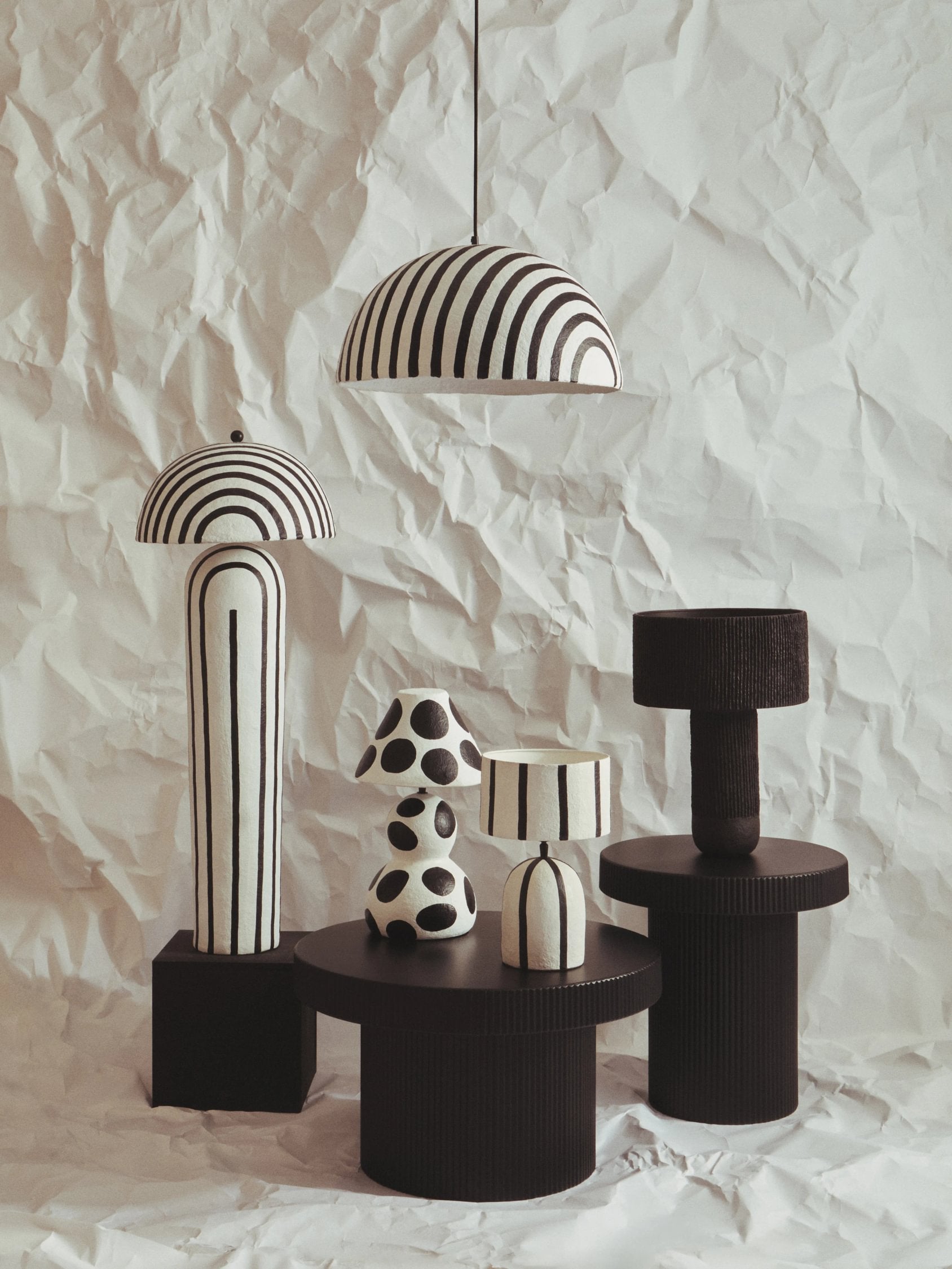 Folio Black & White Striped Papier Mache Domed Pendant Light